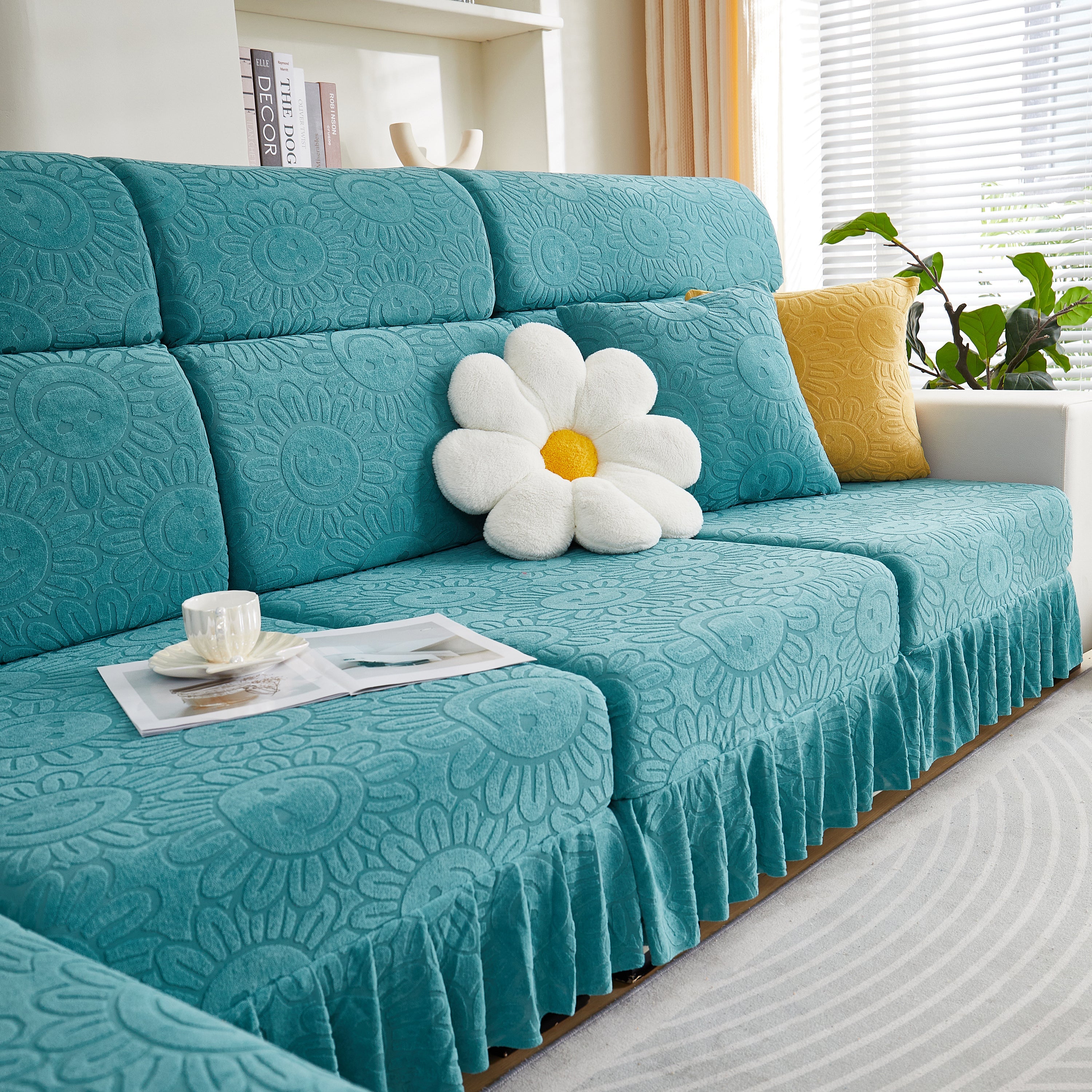 Sofa Seat Cover, Sunflower Patterned Elastic Skirted Couch Cushion Covers for 1/2/3/4-Seater Sofas