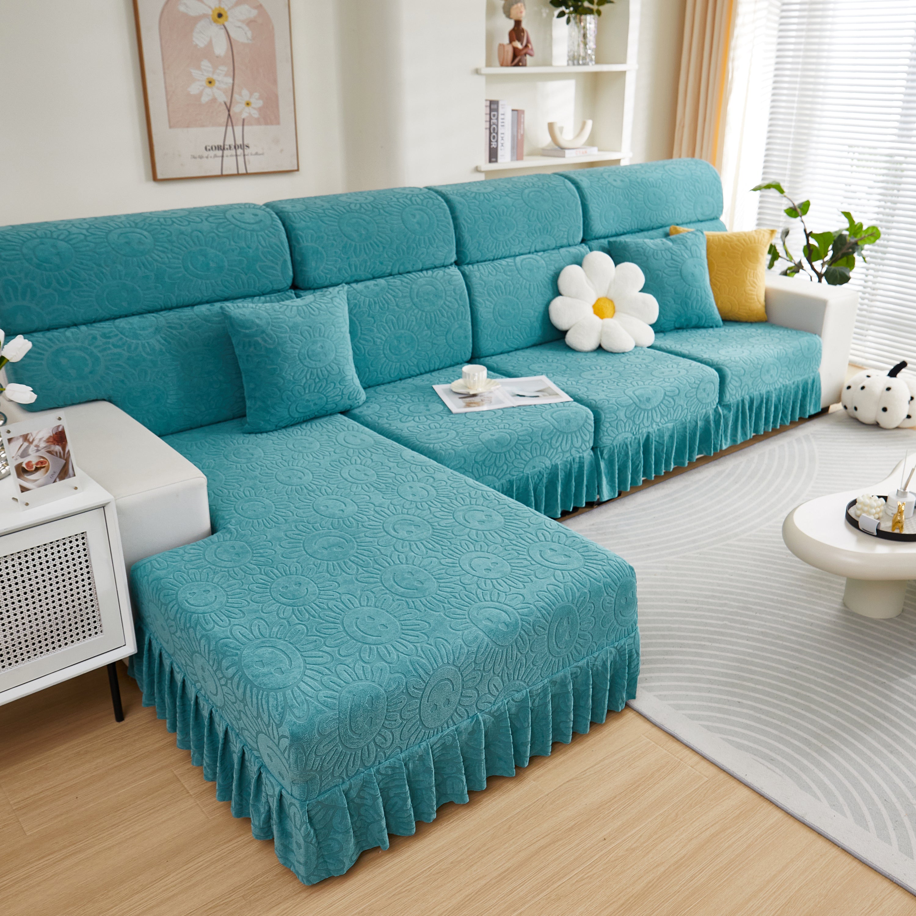 Sofa Seat Cover, Sunflower Patterned Elastic Skirted Couch Cushion Covers for 1/2/3/4-Seater Sofas