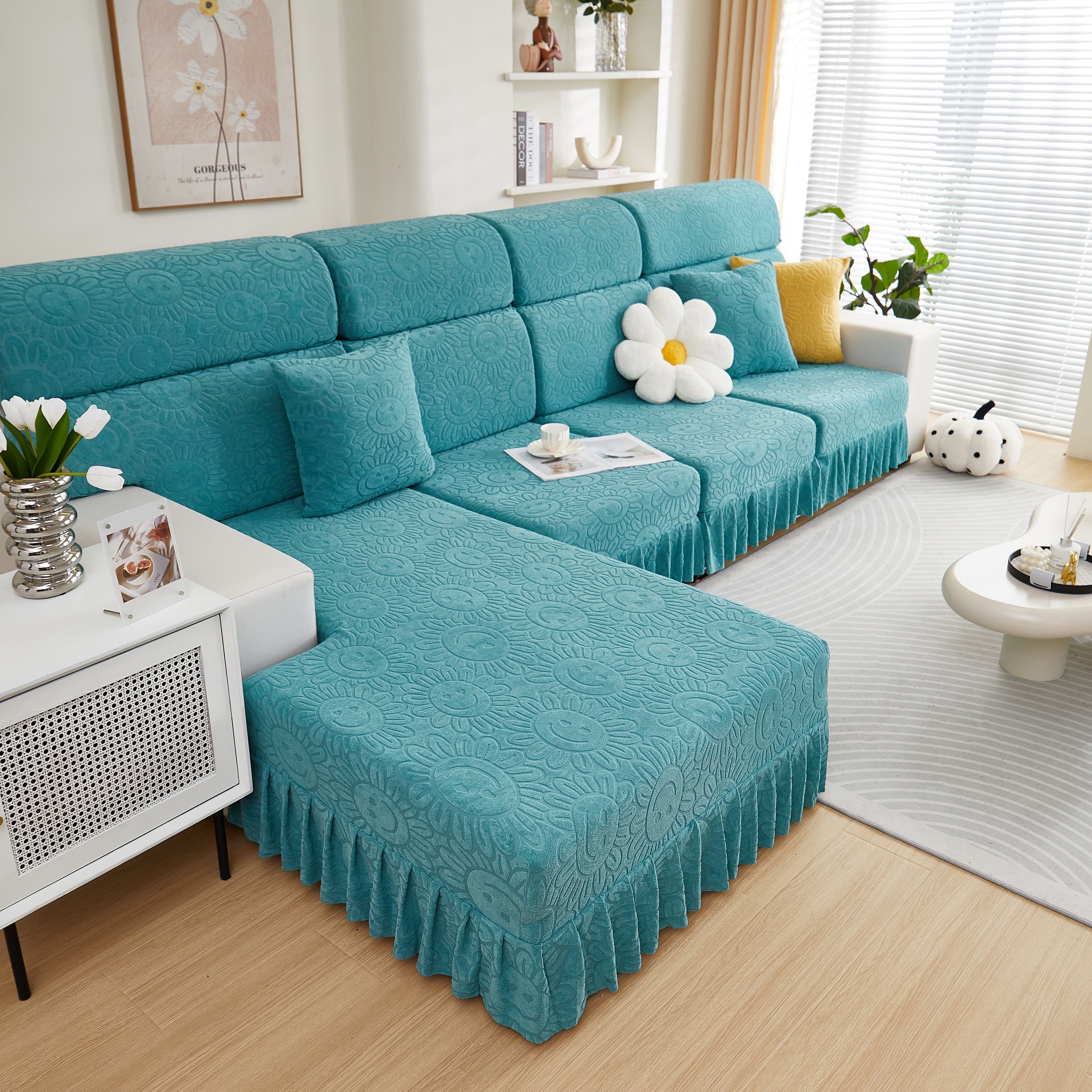 Sofa Seat Cover, Sunflower Patterned Elastic Skirted Couch Cushion Covers for 1/2/3/4-Seater Sofas