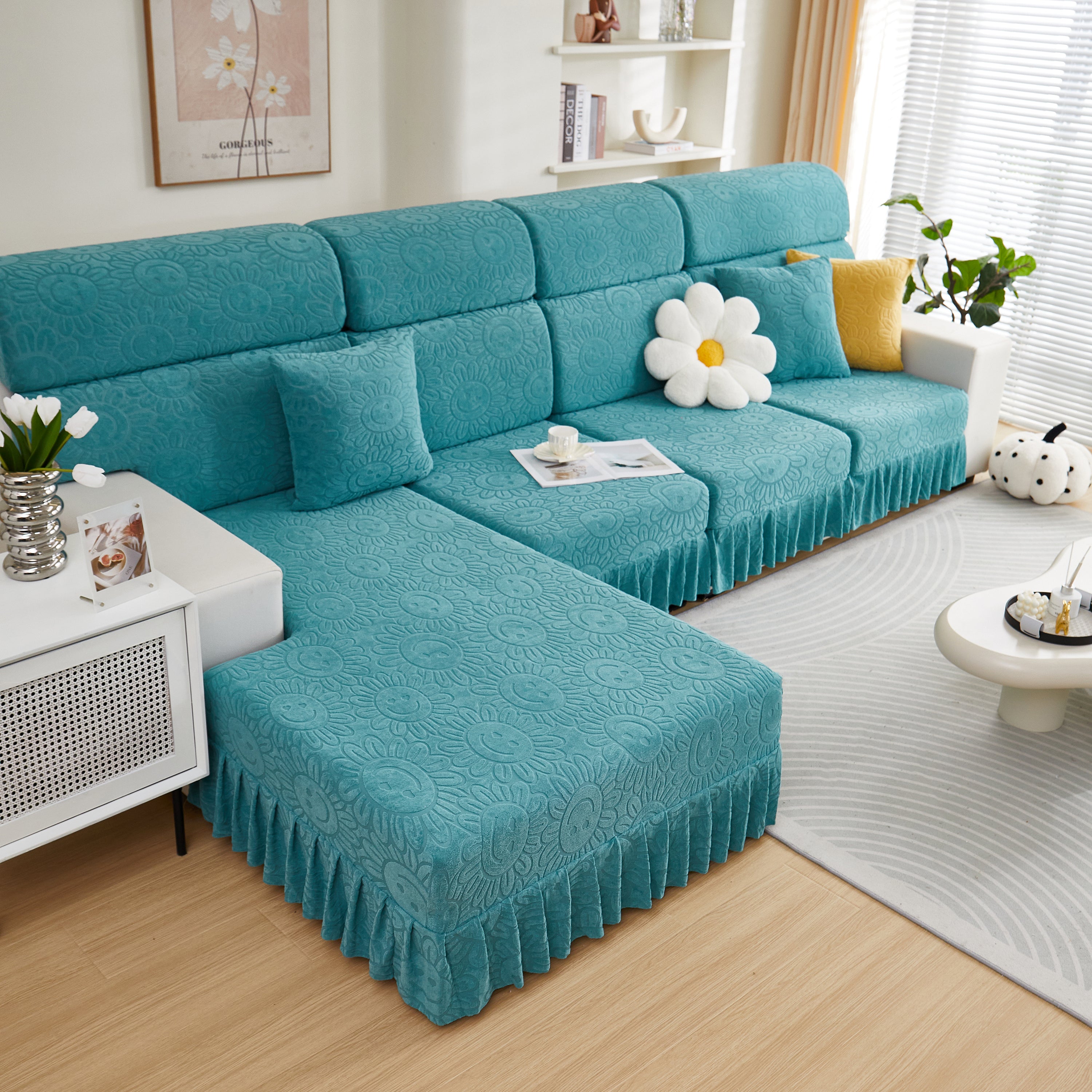 Sofa Seat Cover, Sunflower Patterned Elastic Skirted Couch Cushion Covers for 1/2/3/4-Seater Sofas