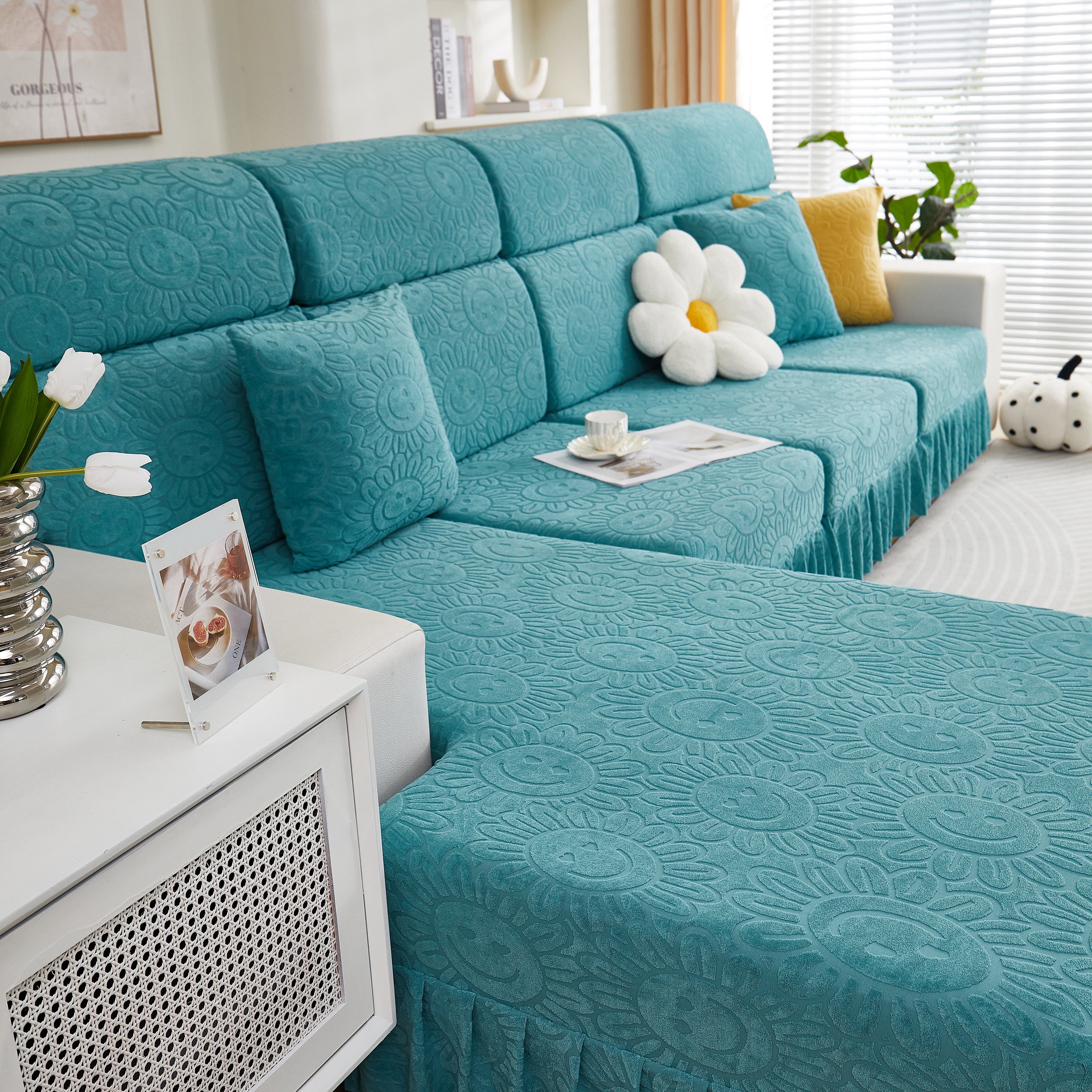 Sofa Seat Cover, Sunflower Patterned Elastic Skirted Couch Cushion Covers for 1/2/3/4-Seater Sofas