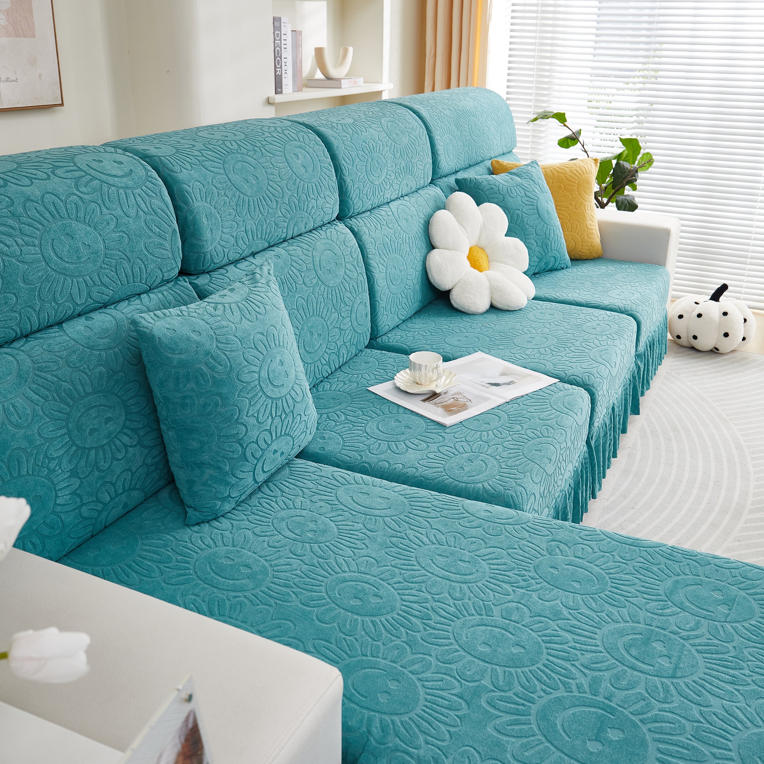 Sofa Seat Cover, Sunflower Patterned Elastic Skirted Couch Cushion Covers for 1/2/3/4-Seater Sofas