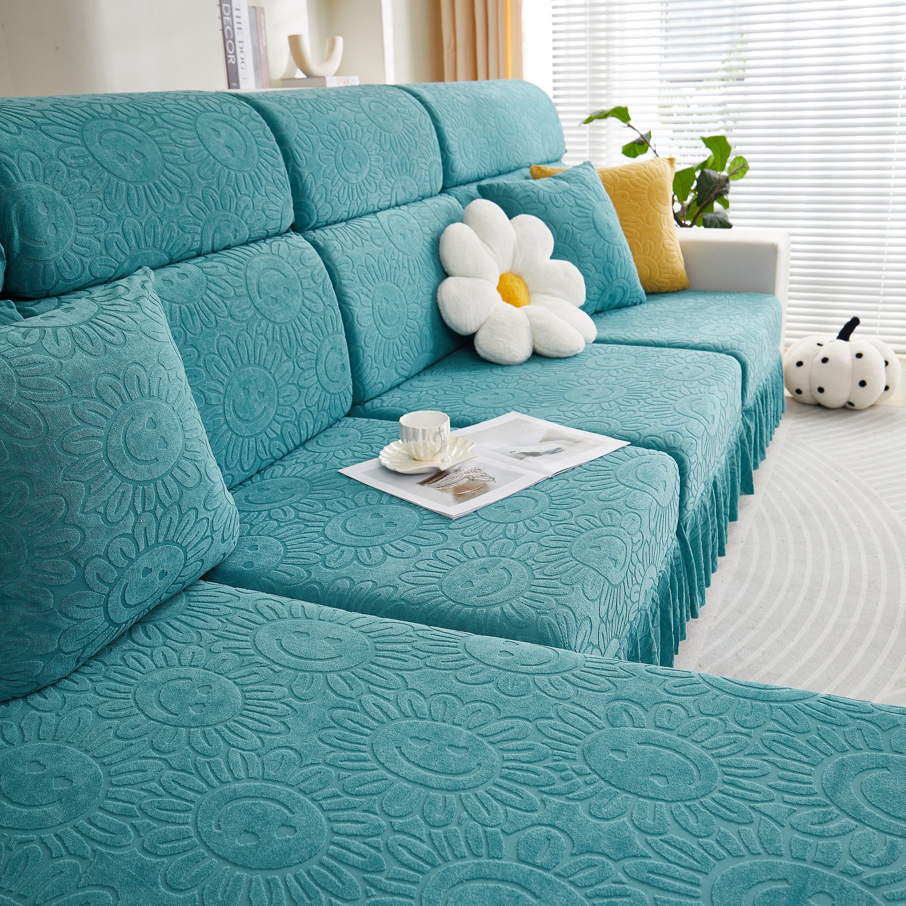 Sofa Seat Cover, Sunflower Patterned Elastic Skirted Couch Cushion Covers for 1/2/3/4-Seater Sofas