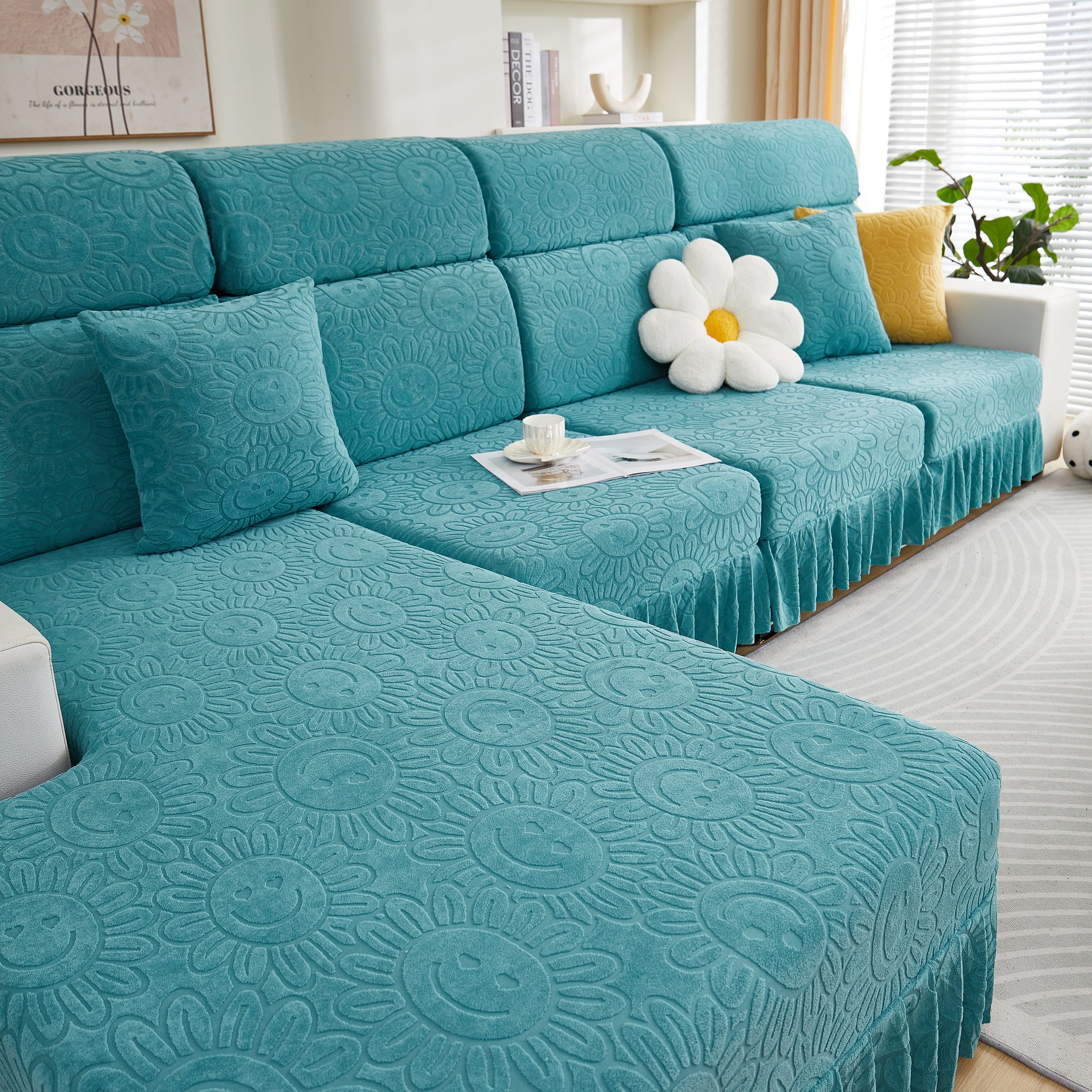 Sofa Seat Cover, Sunflower Patterned Elastic Skirted Couch Cushion Covers for 1/2/3/4-Seater Sofas