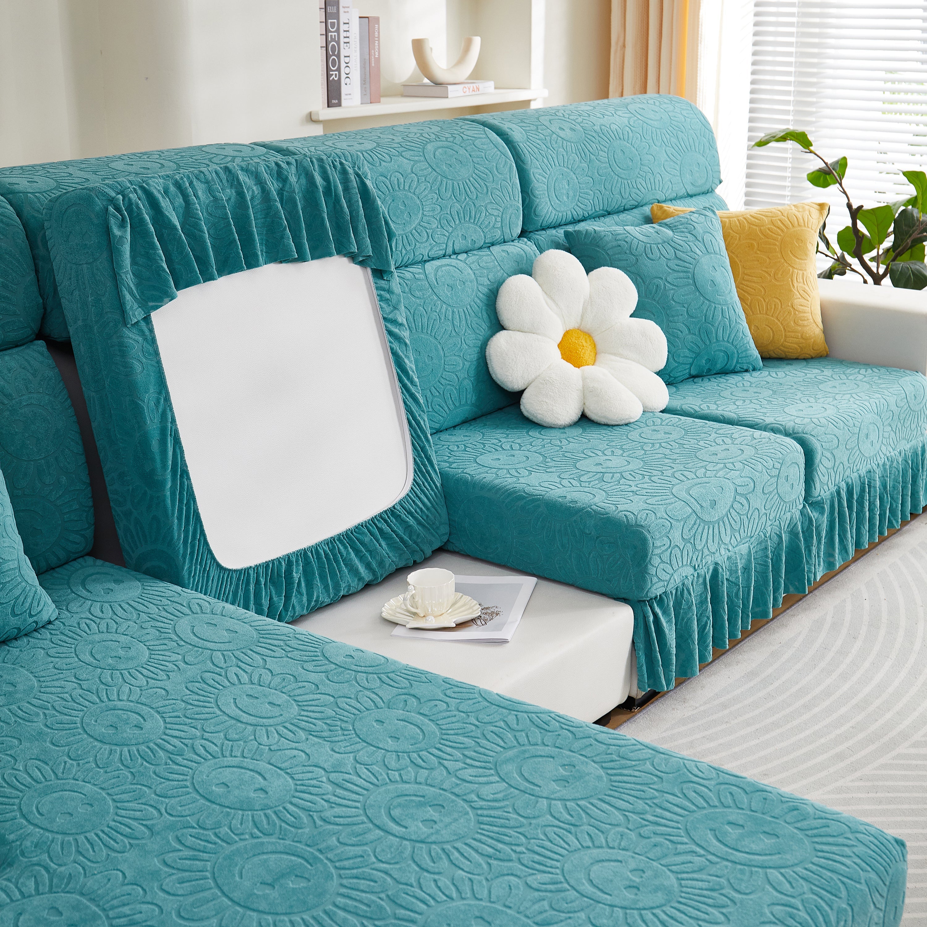 Sofa Seat Cover, Sunflower Patterned Elastic Skirted Couch Cushion Covers for 1/2/3/4-Seater Sofas