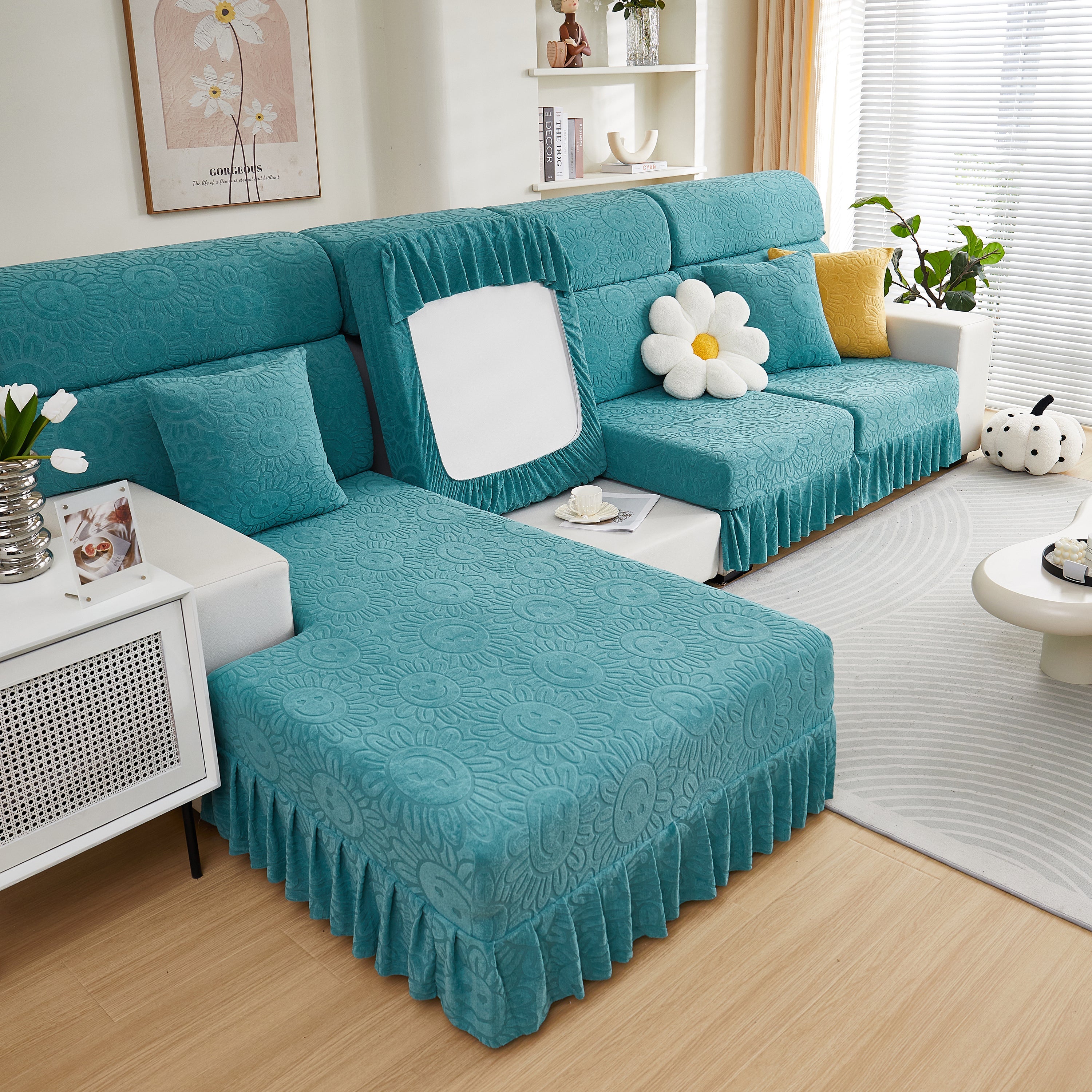 Sofa Seat Cover, Sunflower Patterned Elastic Skirted Couch Cushion Covers for 1/2/3/4-Seater Sofas