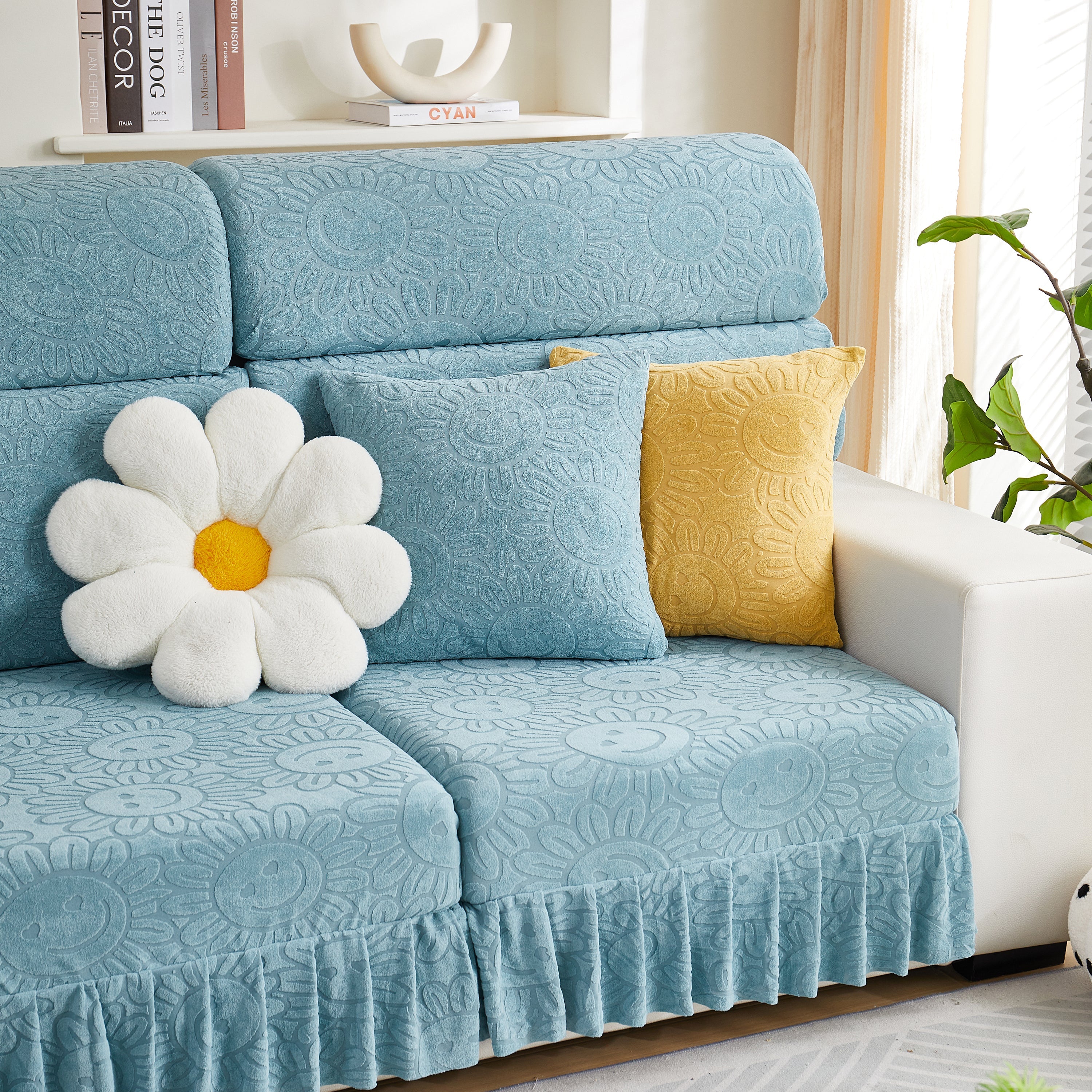 Sofa Seat Cover, Sunflower Patterned Elastic Skirted Couch Cushion Covers for 1/2/3/4-Seater Sofas