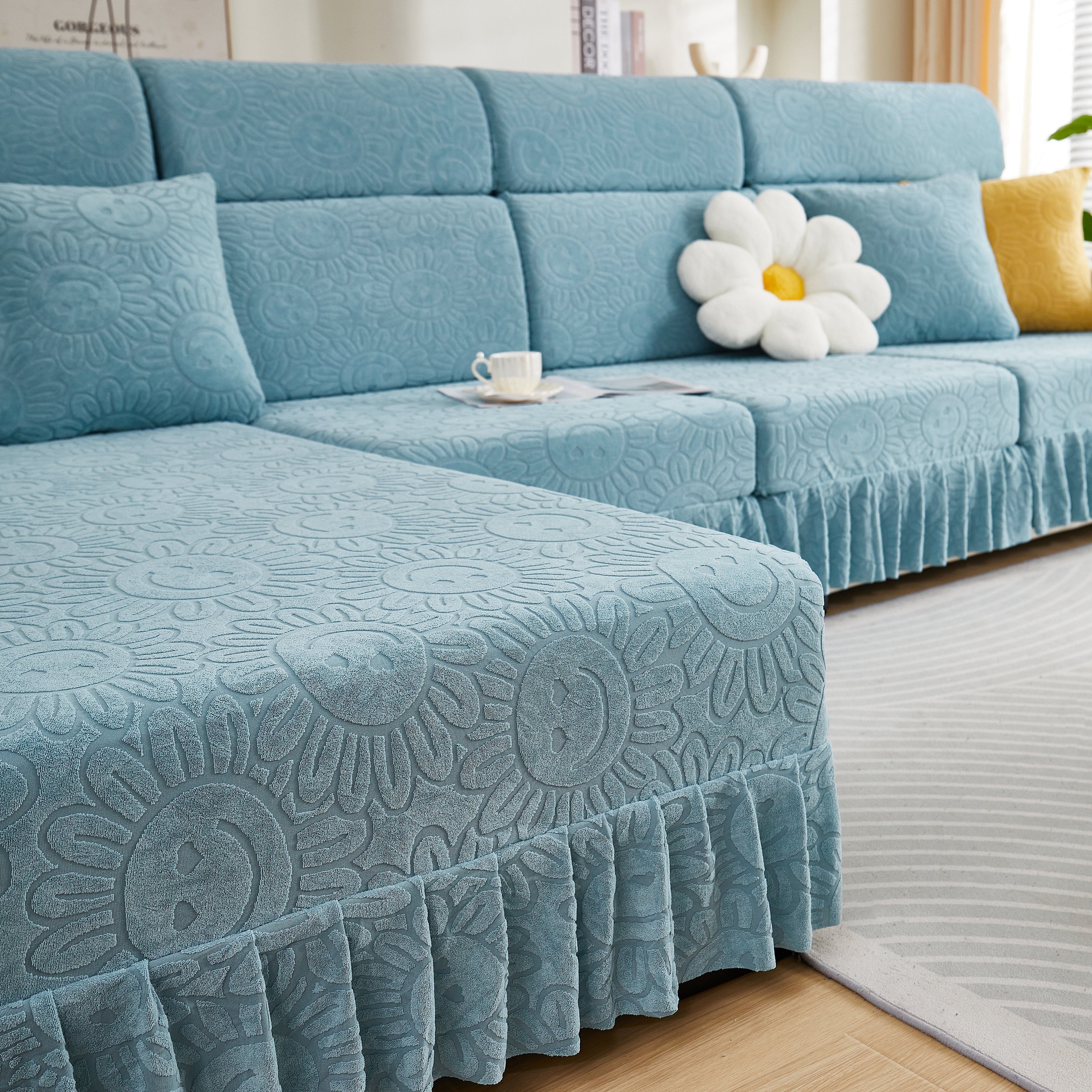 Sofa Seat Cover, Sunflower Patterned Elastic Skirted Couch Cushion Covers for 1/2/3/4-Seater Sofas