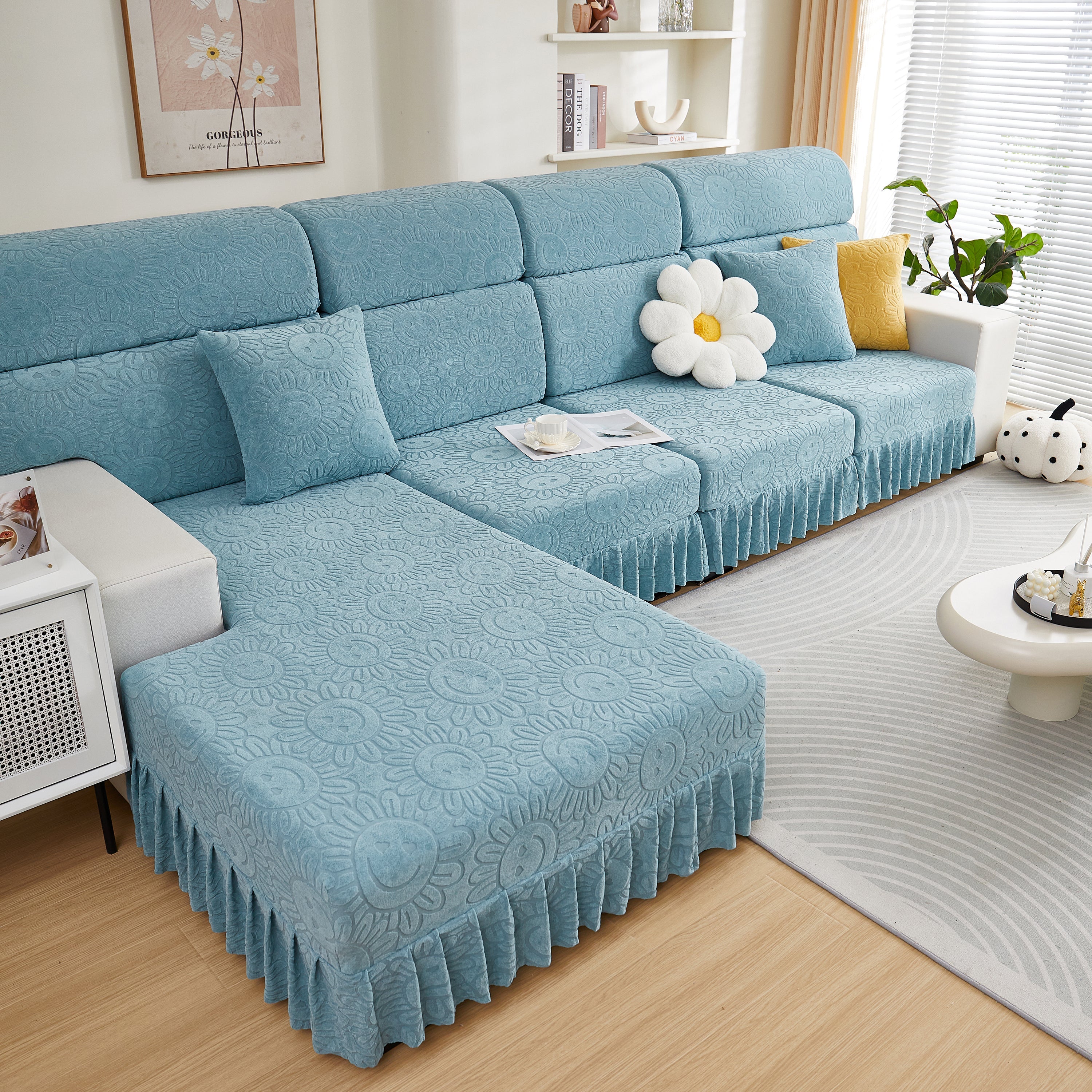 Sofa Seat Cover, Sunflower Patterned Elastic Skirted Couch Cushion Covers for 1/2/3/4-Seater Sofas
