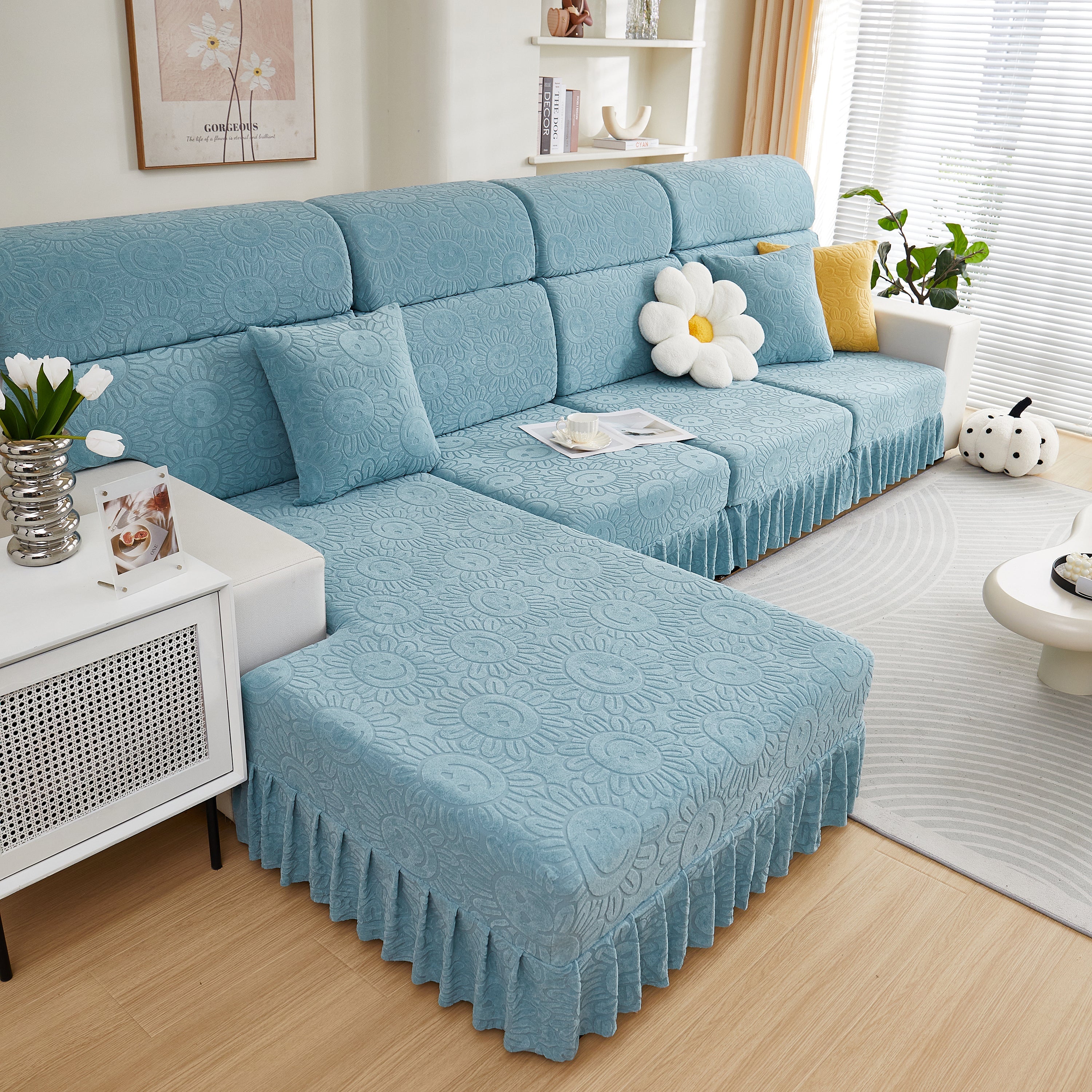 Sofa Seat Cover, Sunflower Patterned Elastic Skirted Couch Cushion Covers for 1/2/3/4-Seater Sofas
