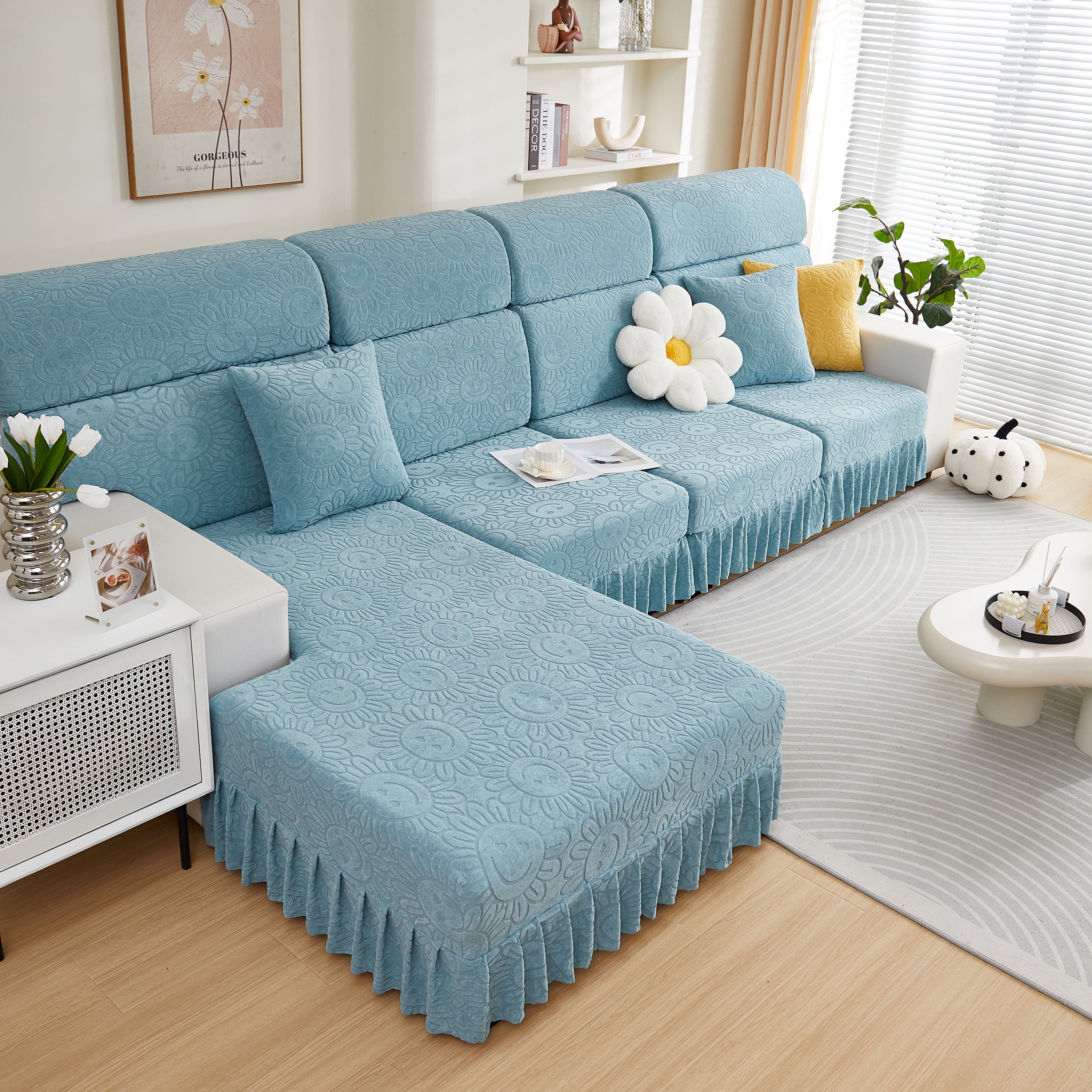 Sofa Seat Cover, Sunflower Patterned Elastic Skirted Couch Cushion Covers for 1/2/3/4-Seater Sofas