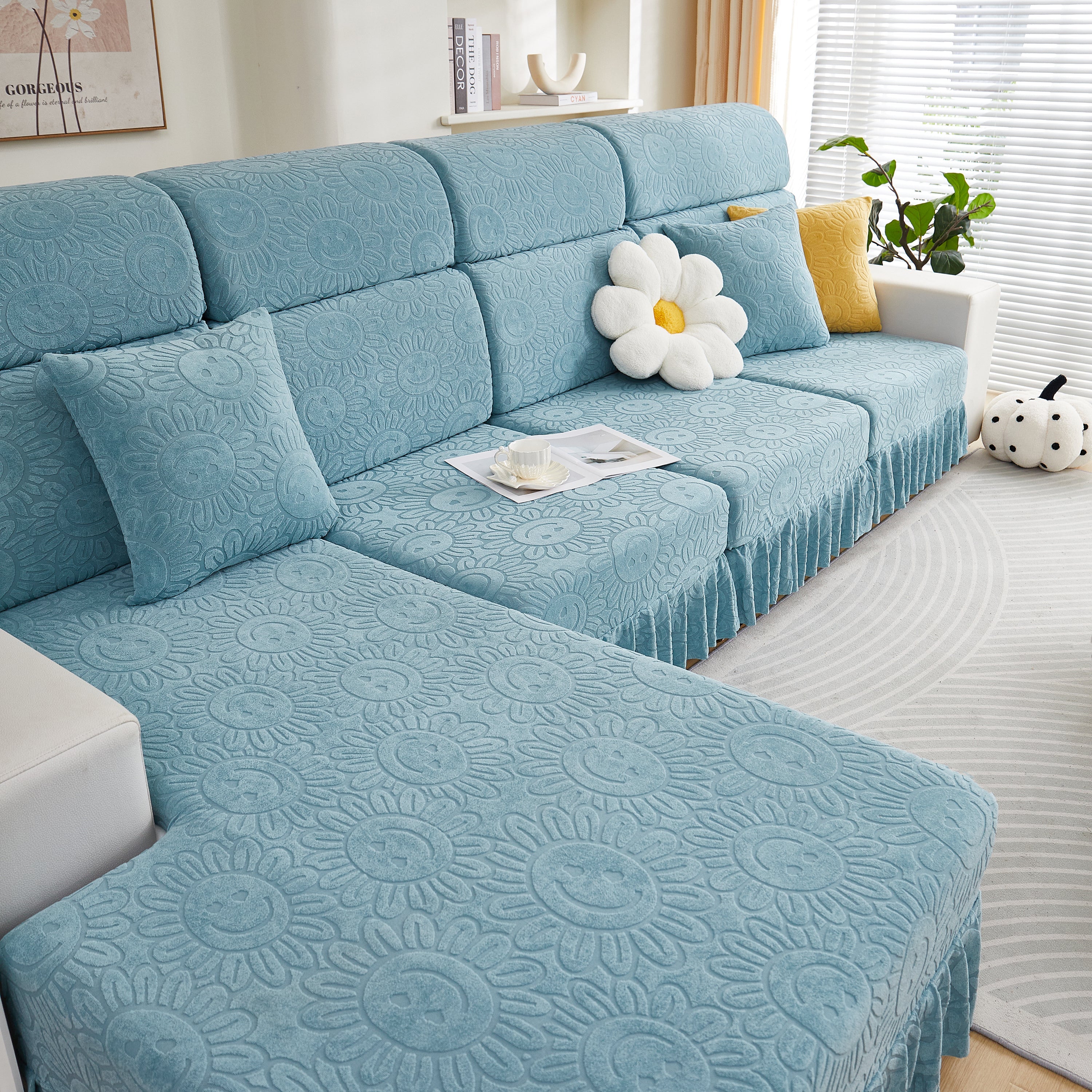 Sofa Seat Cover, Sunflower Patterned Elastic Skirted Couch Cushion Covers for 1/2/3/4-Seater Sofas