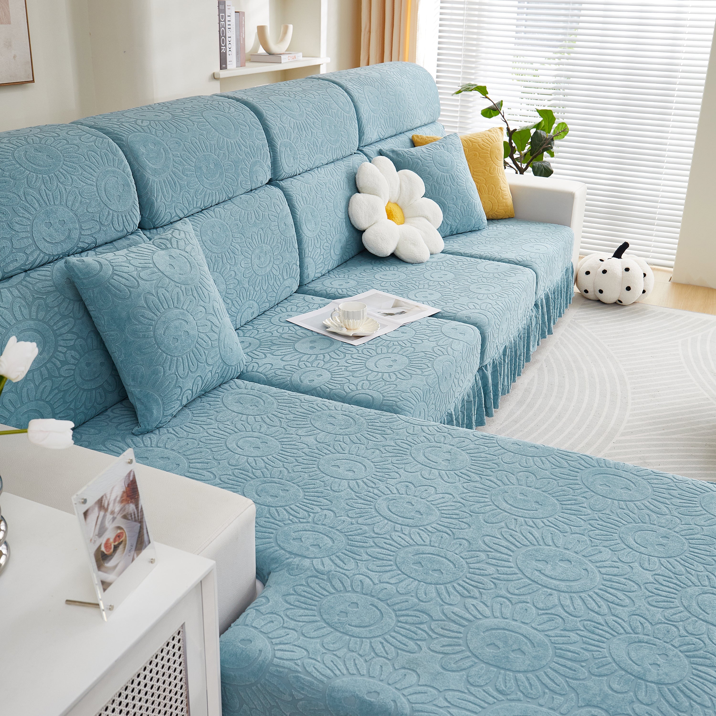 Sofa Seat Cover, Sunflower Patterned Elastic Skirted Couch Cushion Covers for 1/2/3/4-Seater Sofas