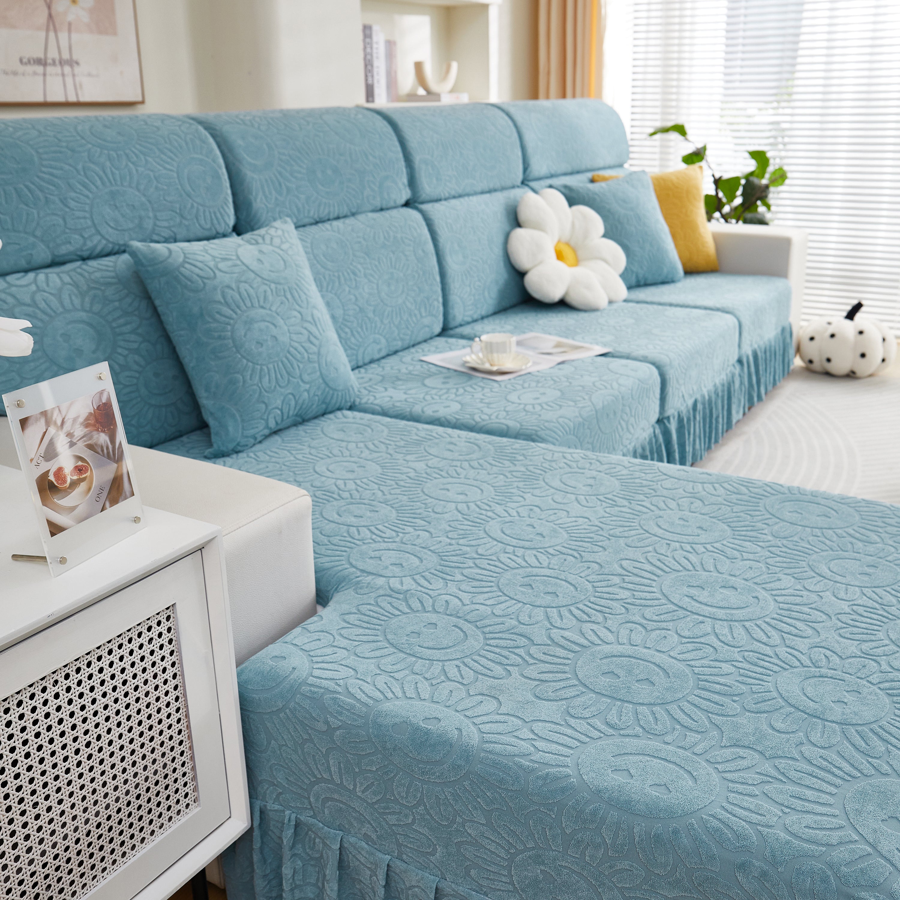 Sofa Seat Cover, Sunflower Patterned Elastic Skirted Couch Cushion Covers for 1/2/3/4-Seater Sofas
