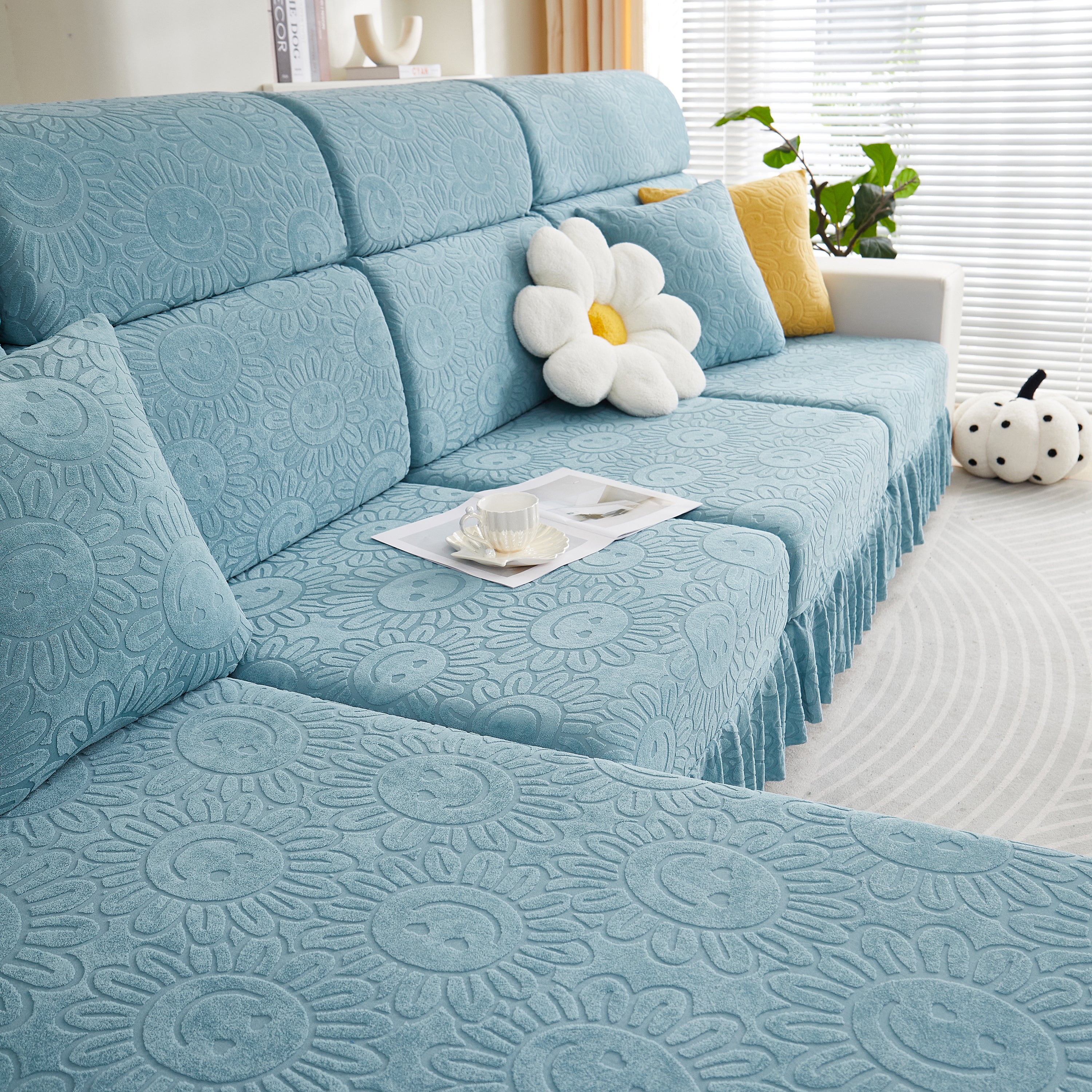Sofa Seat Cover, Sunflower Patterned Elastic Skirted Couch Cushion Covers for 1/2/3/4-Seater Sofas