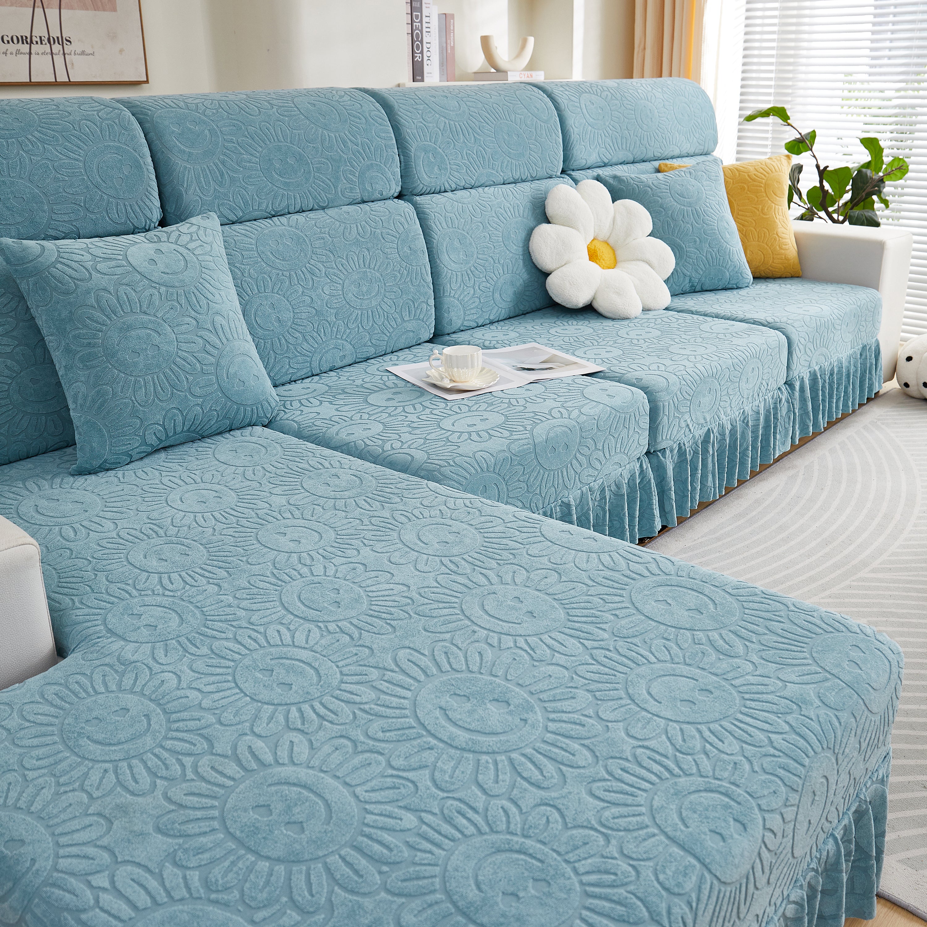 Sofa Seat Cover, Sunflower Patterned Elastic Skirted Couch Cushion Covers for 1/2/3/4-Seater Sofas