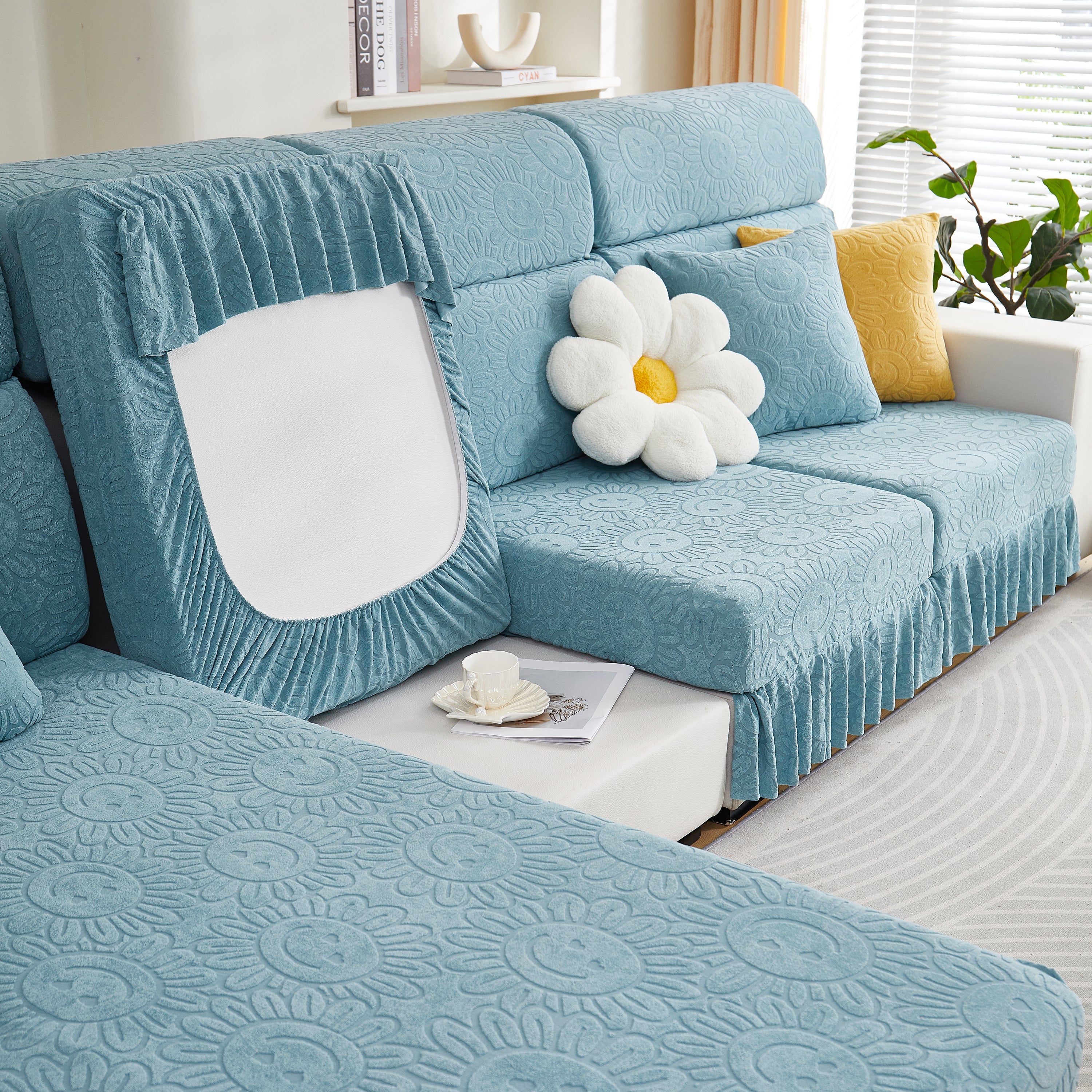 Sofa Seat Cover, Sunflower Patterned Elastic Skirted Couch Cushion Covers for 1/2/3/4-Seater Sofas