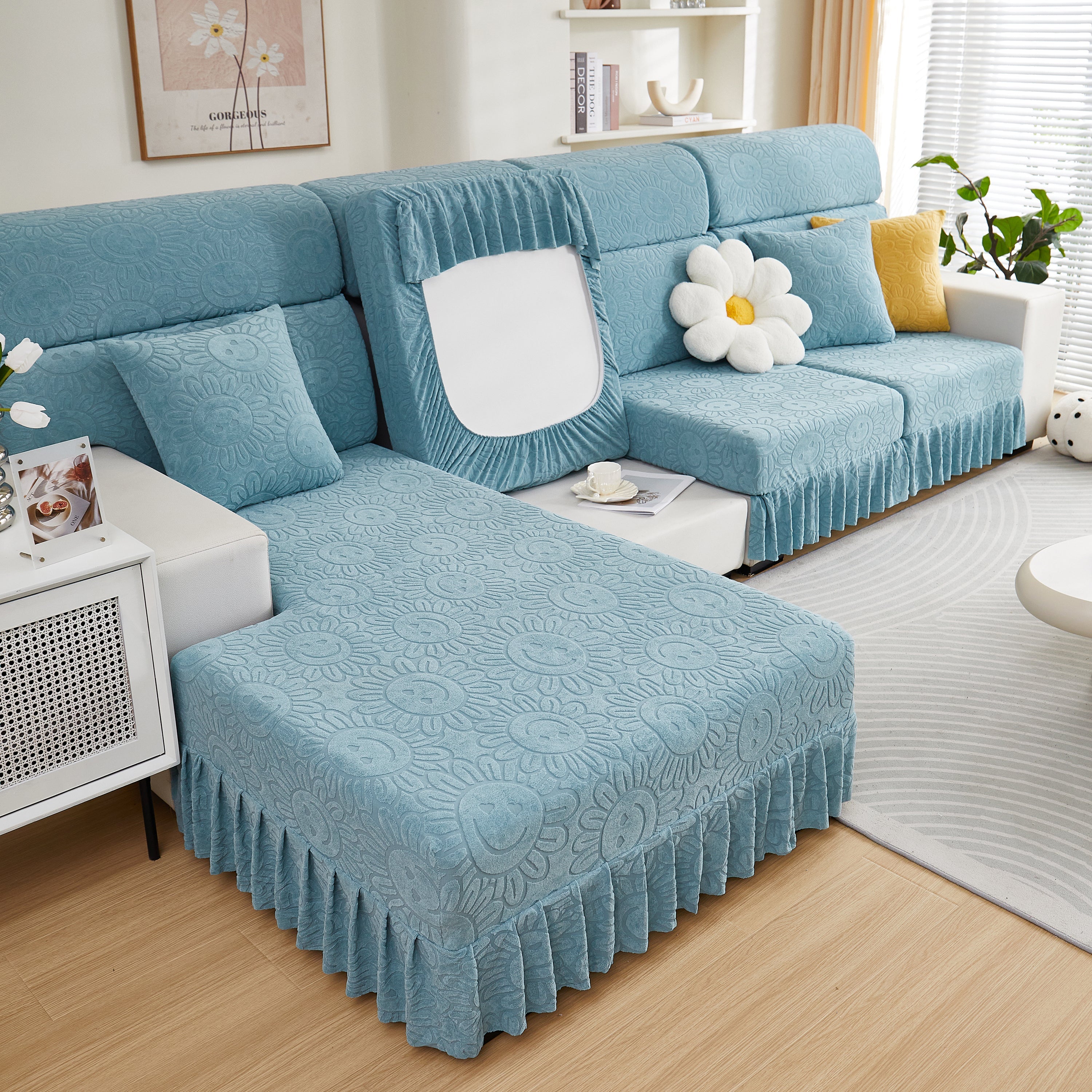 Sofa Seat Cover, Sunflower Patterned Elastic Skirted Couch Cushion Covers for 1/2/3/4-Seater Sofas