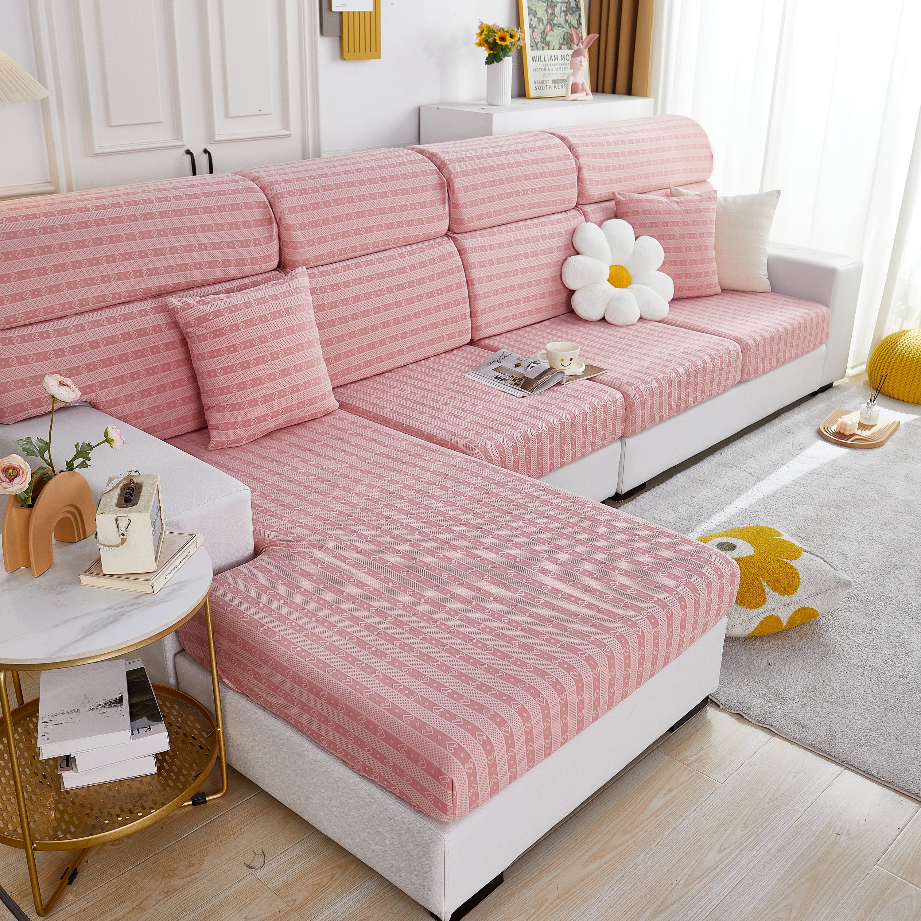 Love Stripe Jacquard Fleece Fabric Stretch Cushion Cover, Non-Slip Furniture Protector for Kids, Couch Cushion Covers