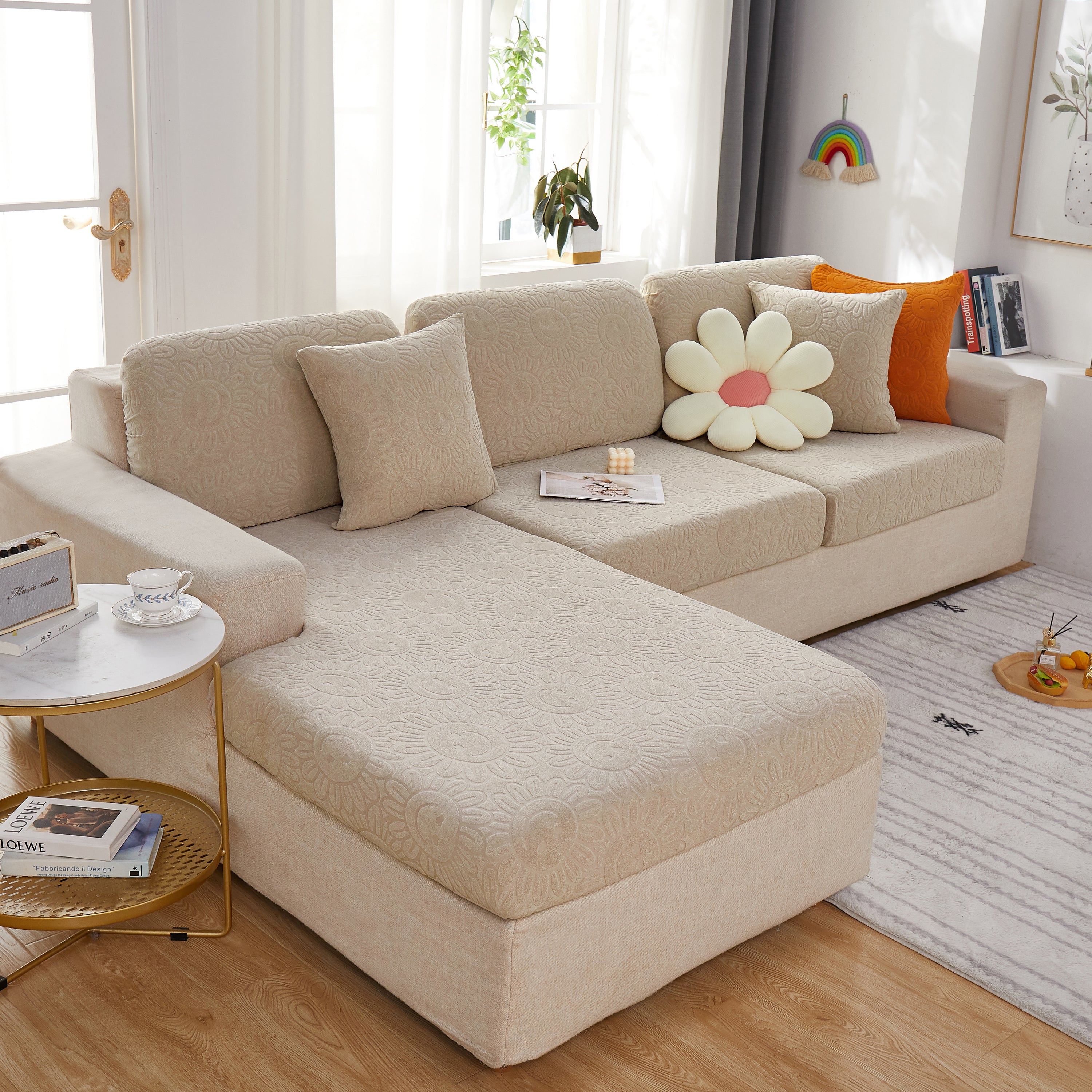 Sunflower Jacquard Fleece Stretchable Cushion Cover, Non-Slip Furniture Covers for Pets, L Shaped Couch Cushion Covers