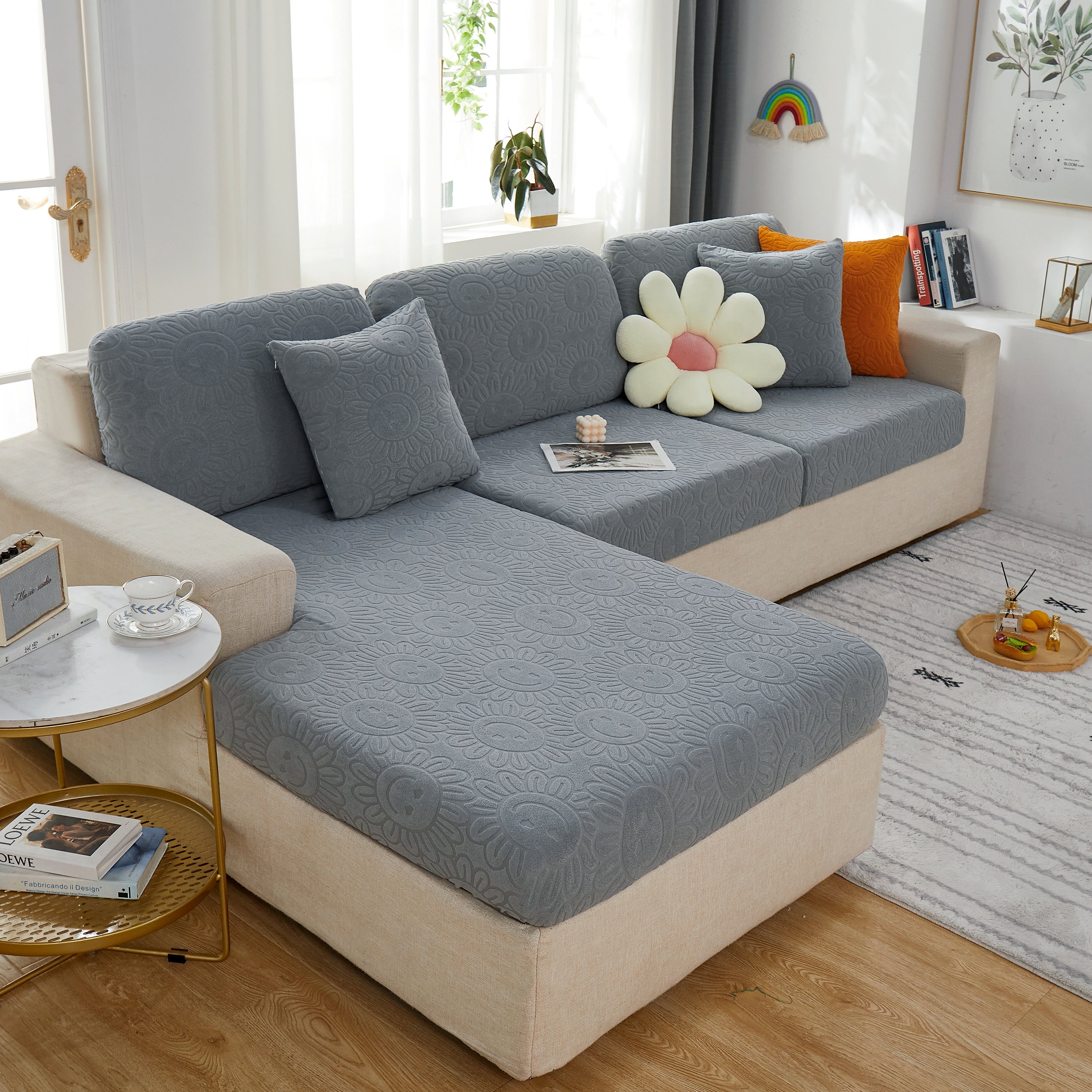 Sunflower Jacquard Fleece Stretchable Cushion Cover, Non-Slip Furniture Covers for Pets, L Shaped Couch Cushion Covers