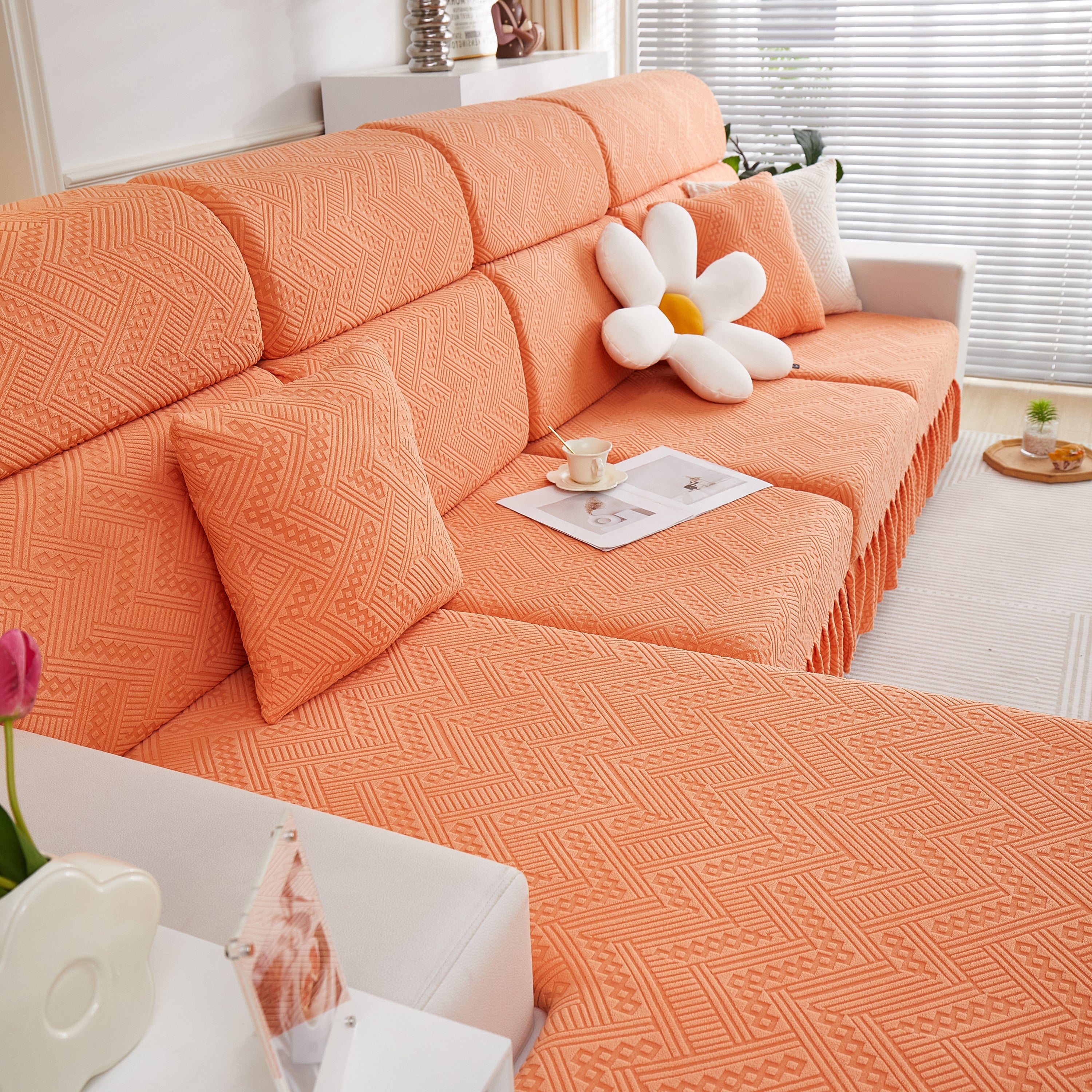 Stretchable Chaise Lounge Sofa Covers and Couch Seat Covers with Skirt for Sectional Couches