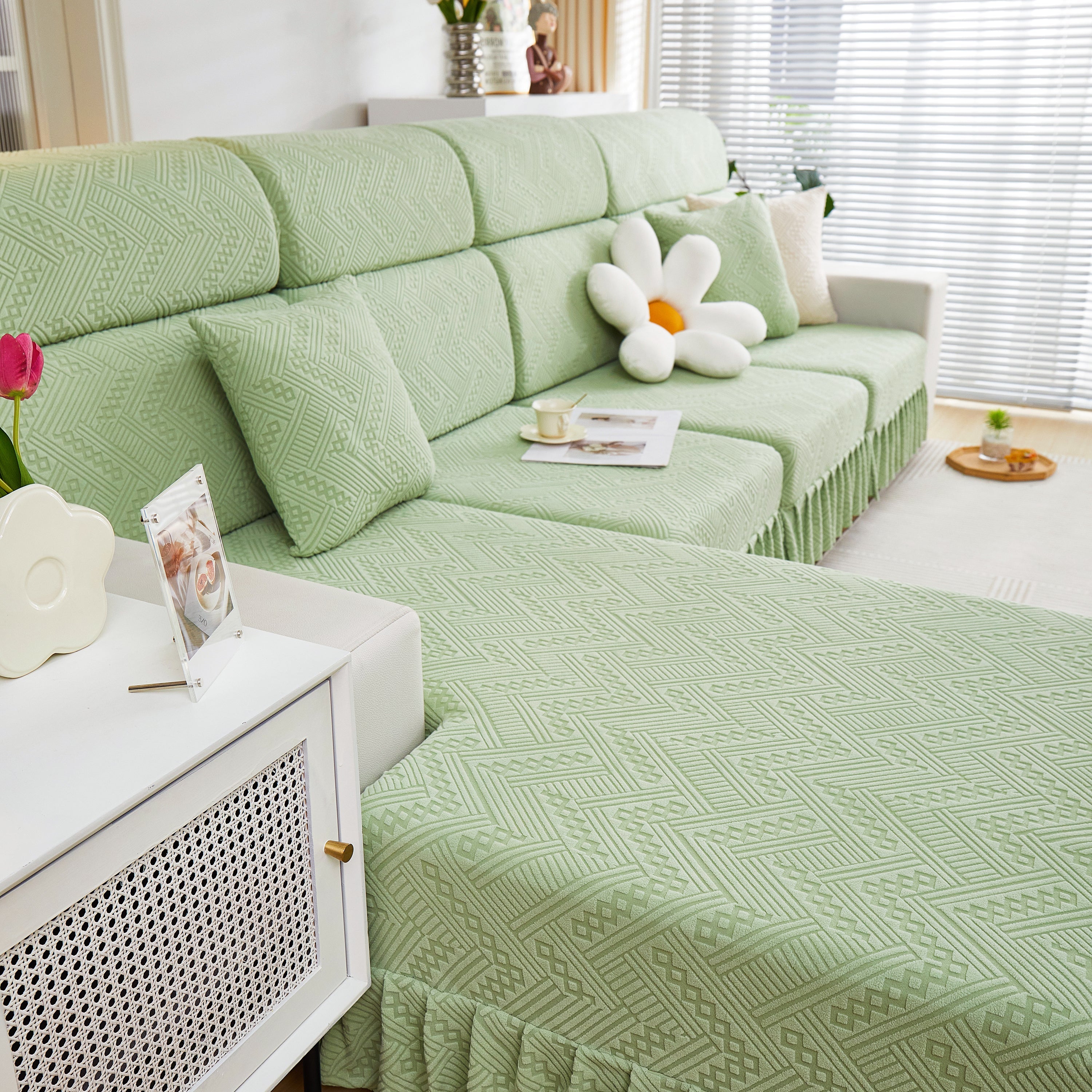 Stretchable Chaise Lounge Sofa Covers and Couch Seat Covers with Skirt for Sectional Couches