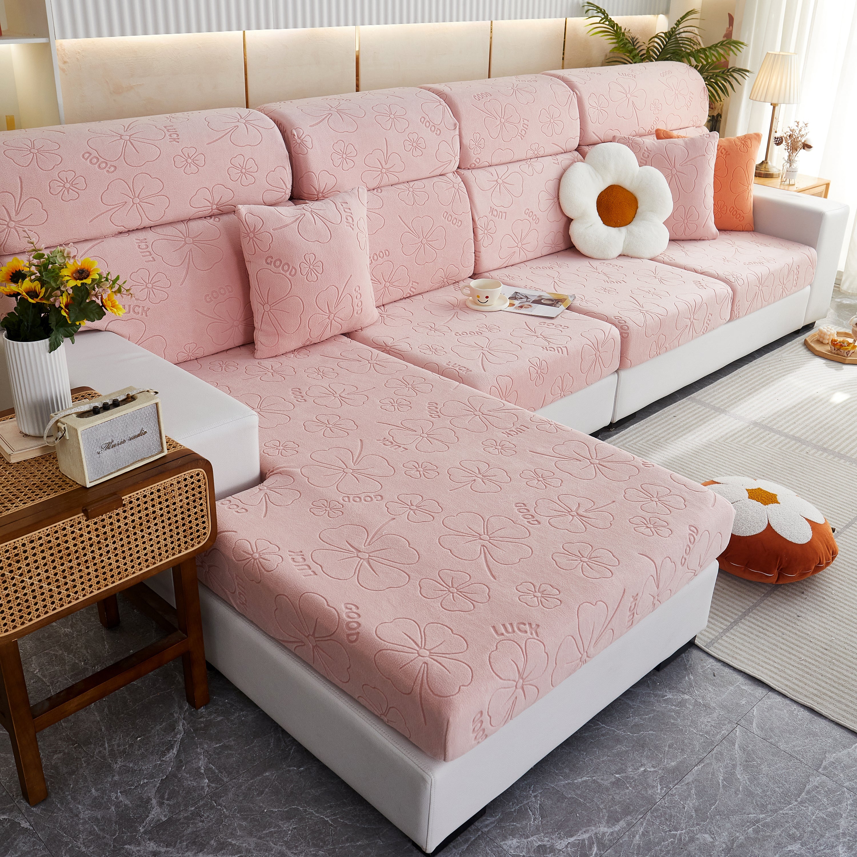 Lucky Clover Slipcover Non-Slip Stretch Jacquard Polar Fleece Sofa Cover for Pets, Cushions, Couches