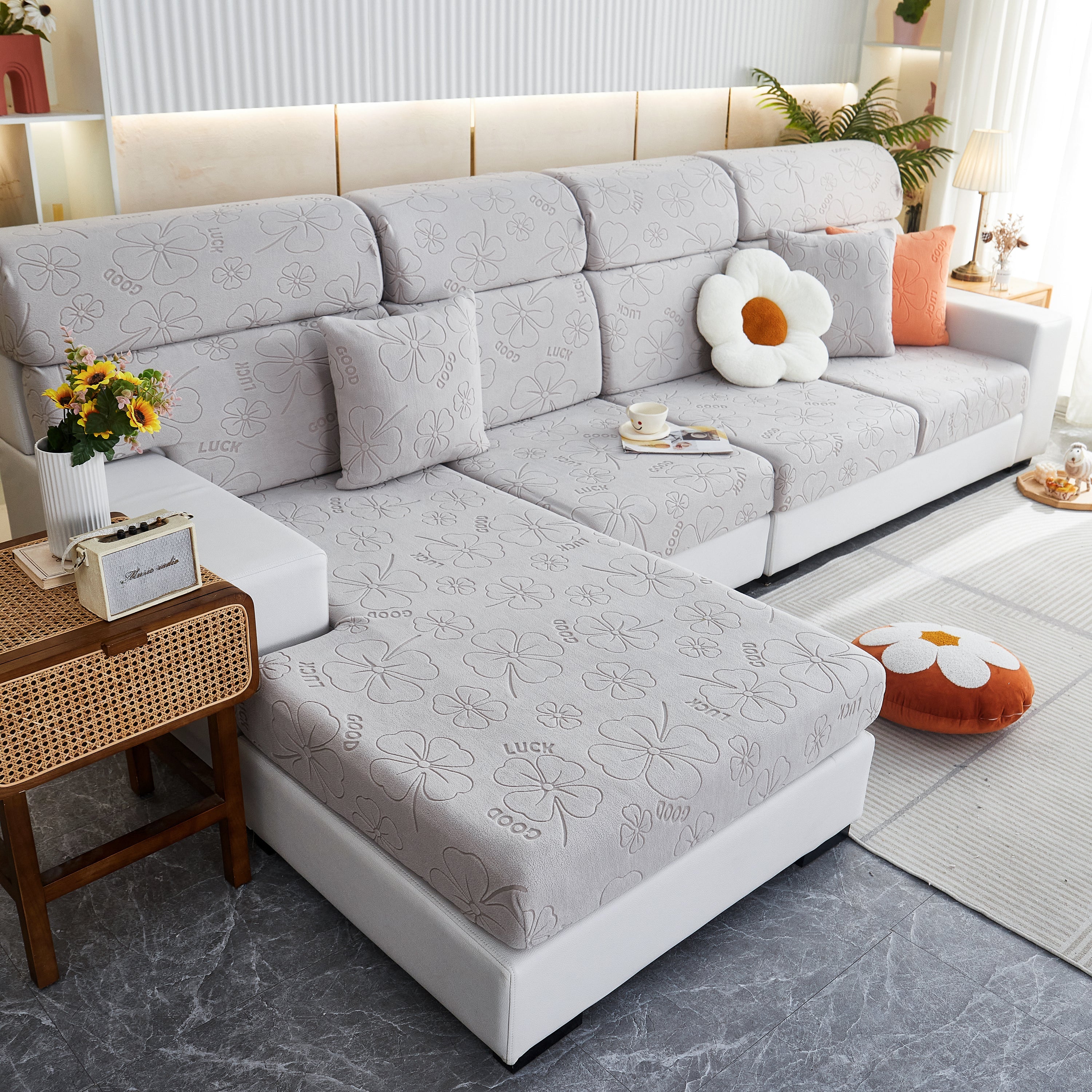 Lucky Clover Slipcover Non-Slip Stretch Jacquard Polar Fleece Sofa Cover for Pets, Cushions, Couches