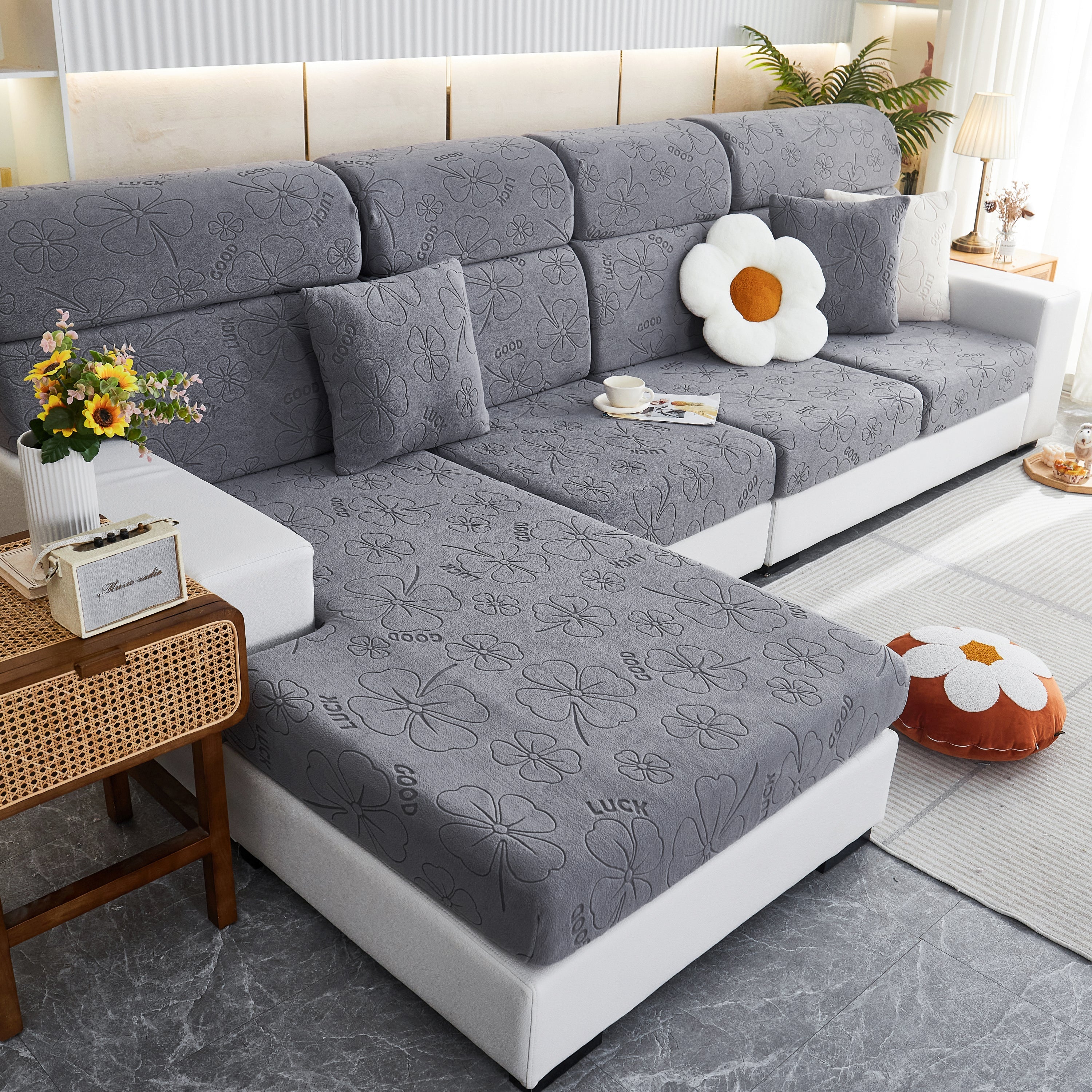 Lucky Clover Slipcover Non-Slip Stretch Jacquard Polar Fleece Sofa Cover for Pets, Cushions, Couches