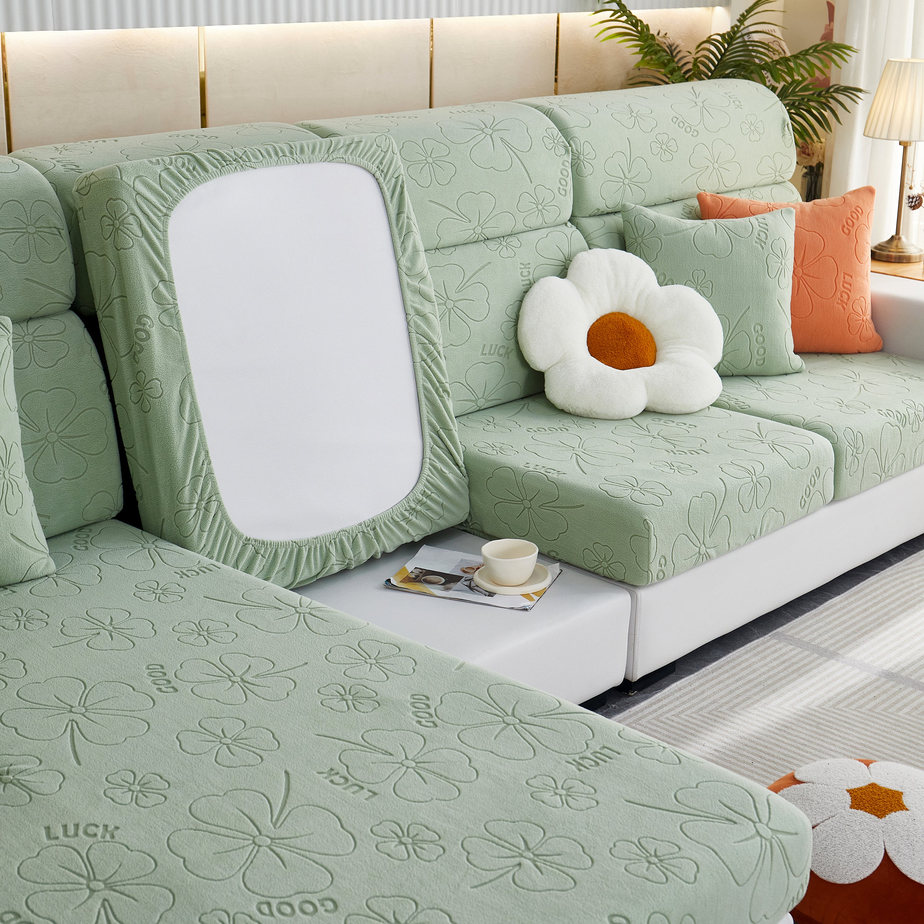 Lucky Clover Slipcover Non-Slip Stretch Jacquard Polar Fleece Sofa Cover for Pets, Cushions, Couches