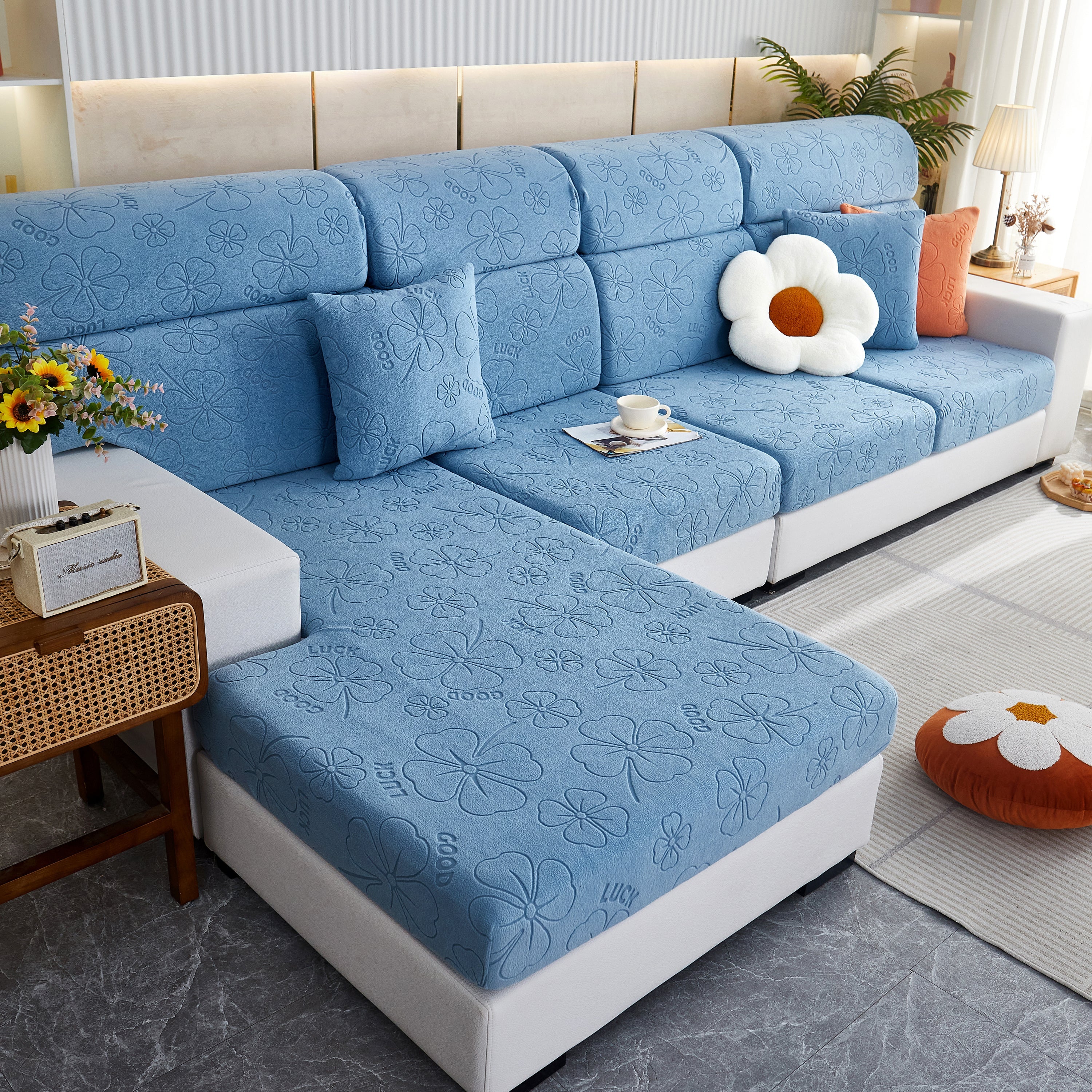 Lucky Clover Slipcover Non-Slip Stretch Jacquard Polar Fleece Sofa Cover for Pets, Cushions, Couches