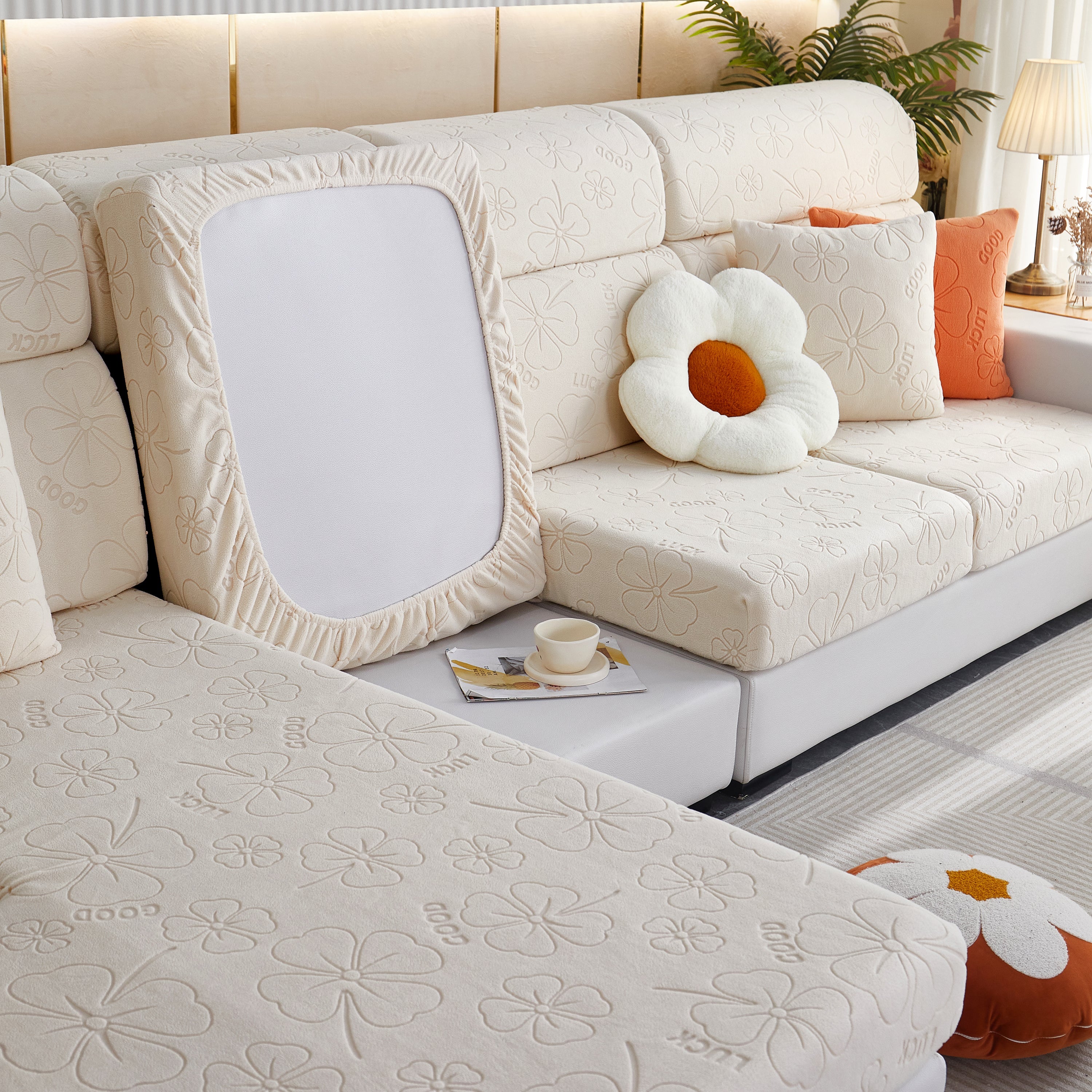 Lucky Clover Slipcover Non-Slip Stretch Jacquard Polar Fleece Sofa Cover for Pets, Cushions, Couches