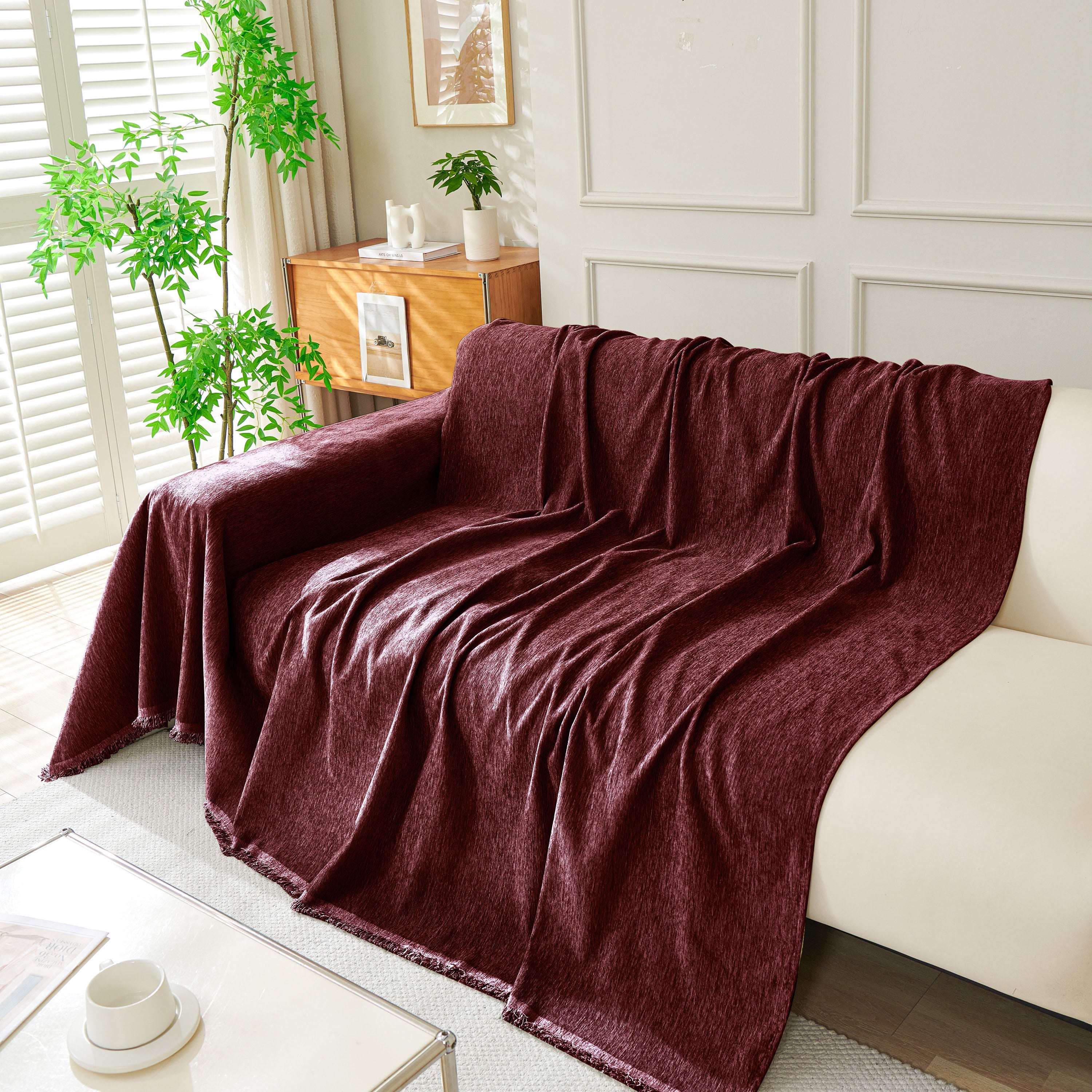 Solid Color Chenille Sofa Throw Blanket, Soft & Plush Decorative Couch Throw Cover