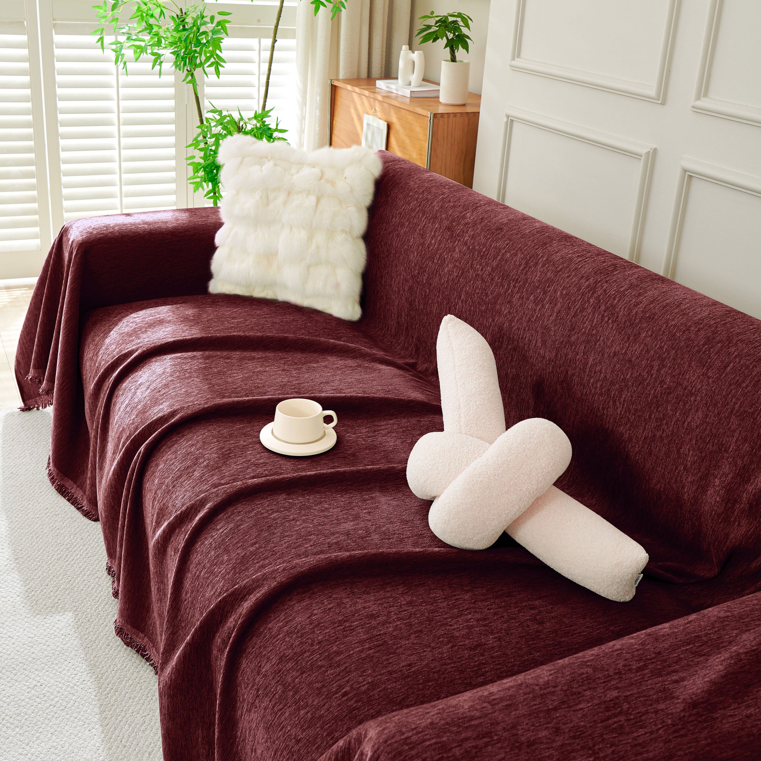 Solid Color Chenille Sofa Throw Blanket, Soft & Plush Decorative Couch Throw Cover