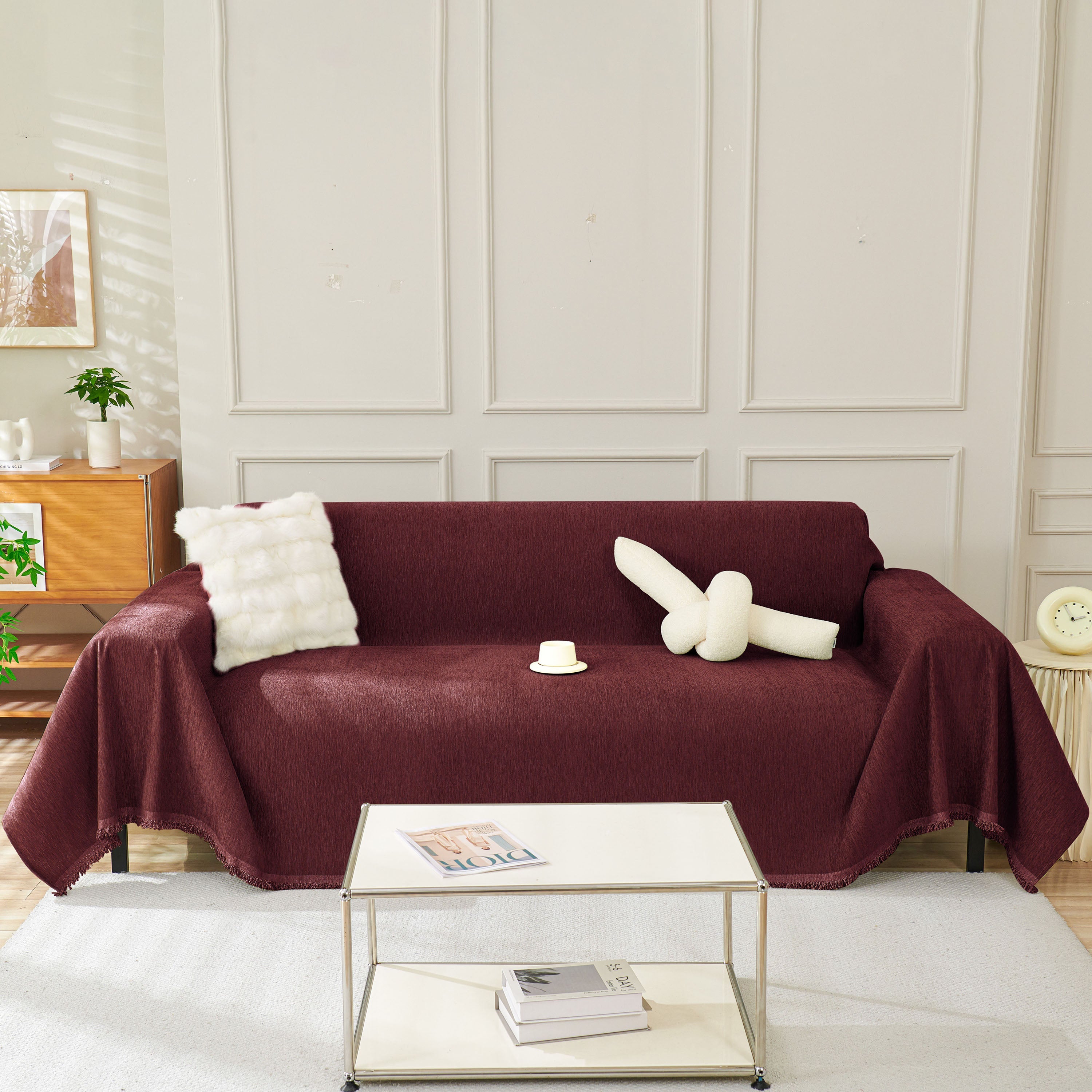 Solid Color Chenille Sofa Throw Blanket, Soft & Plush Decorative Couch Throw Cover