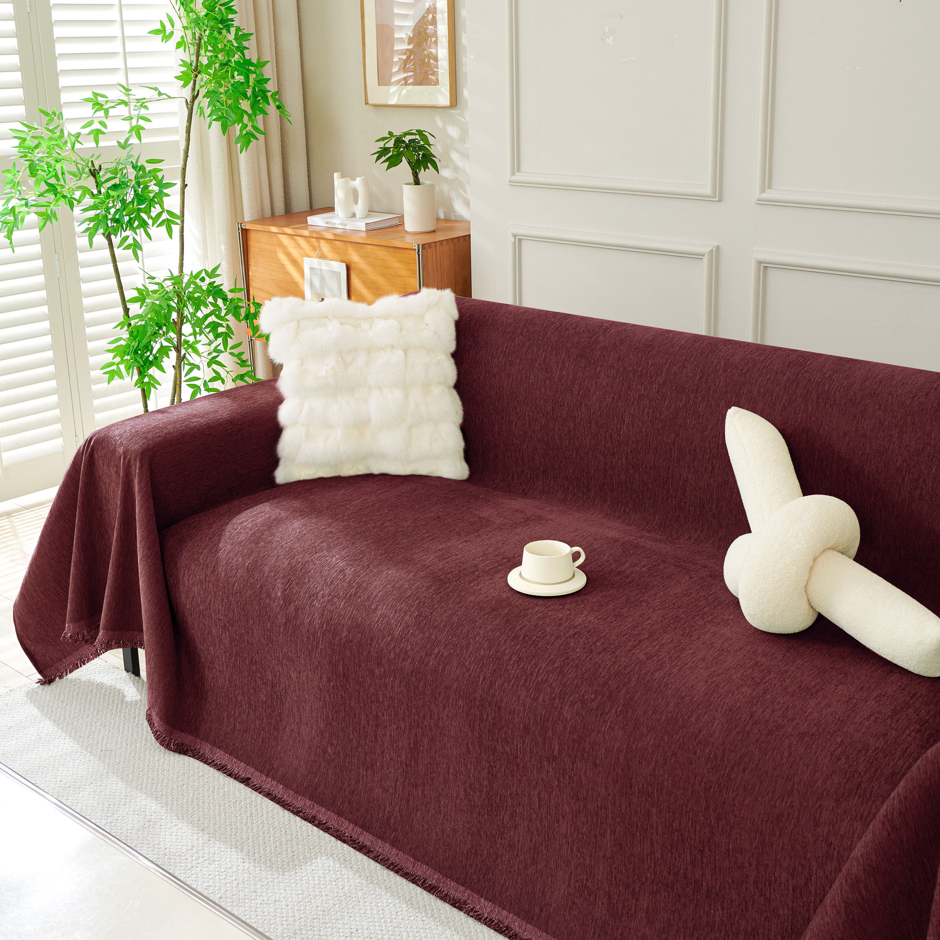 Solid Color Chenille Sofa Throw Blanket, Soft & Plush Decorative Couch Throw Cover