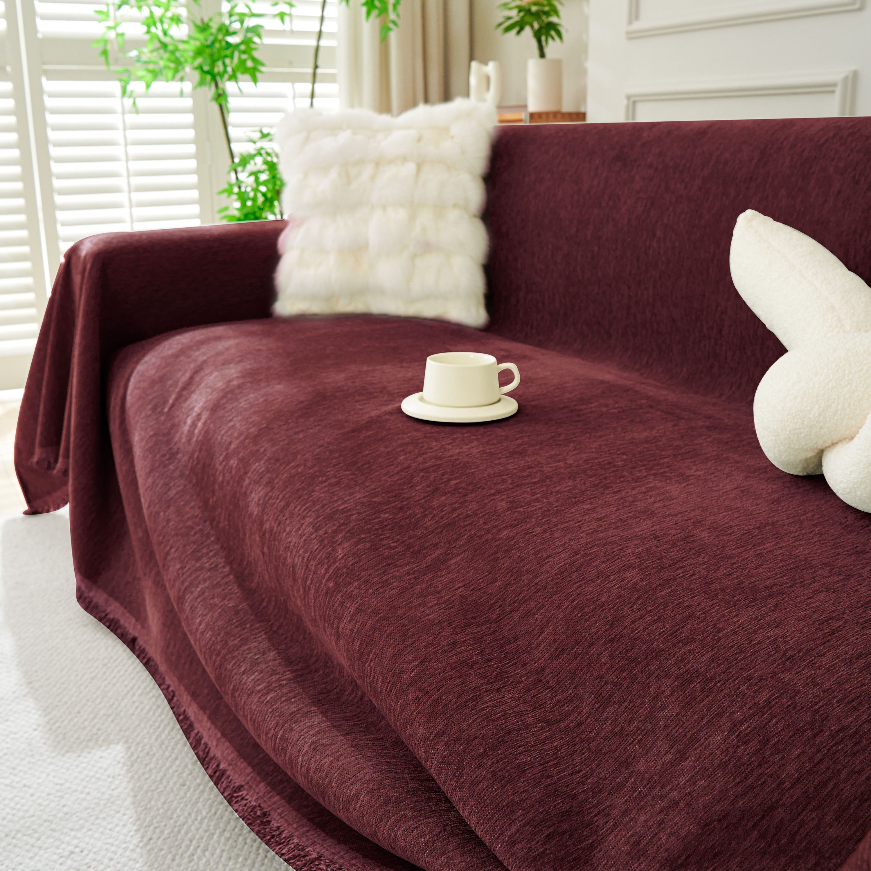 Solid Color Chenille Sofa Throw Blanket, Soft & Plush Decorative Couch Throw Cover