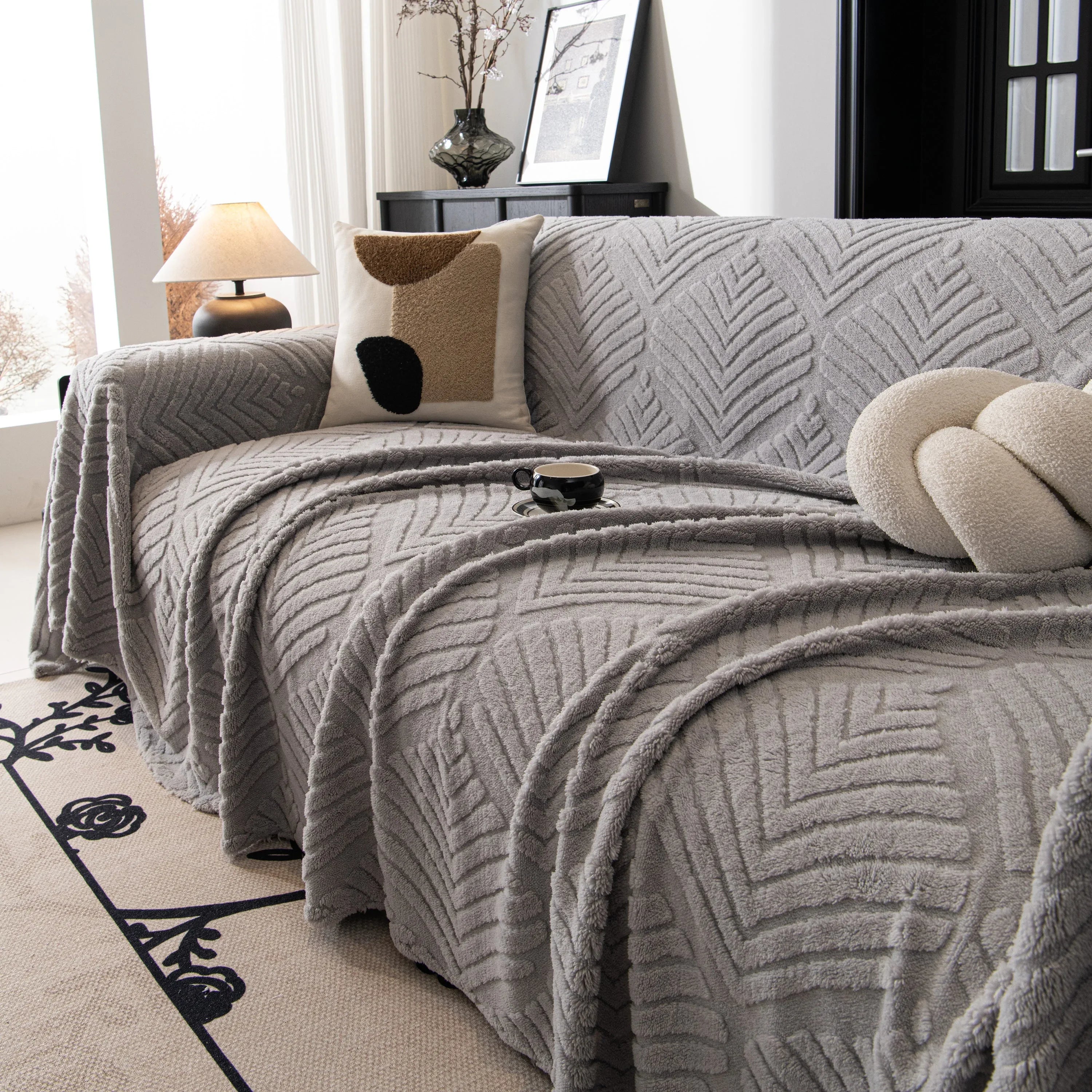 Winter Soft Plush Fleece Sofa Blanket Leaves Jacquard Couch Covers for Couches - TaroTextile