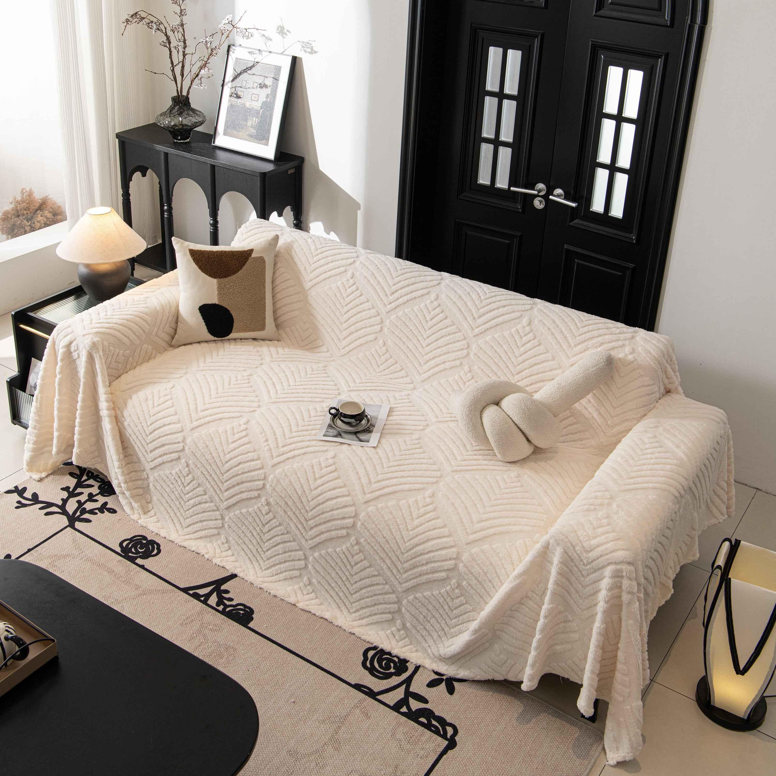 Winter Soft Plush Fleece Sofa Blanket Leaves Jacquard Couch Covers for Couches - TaroTextile