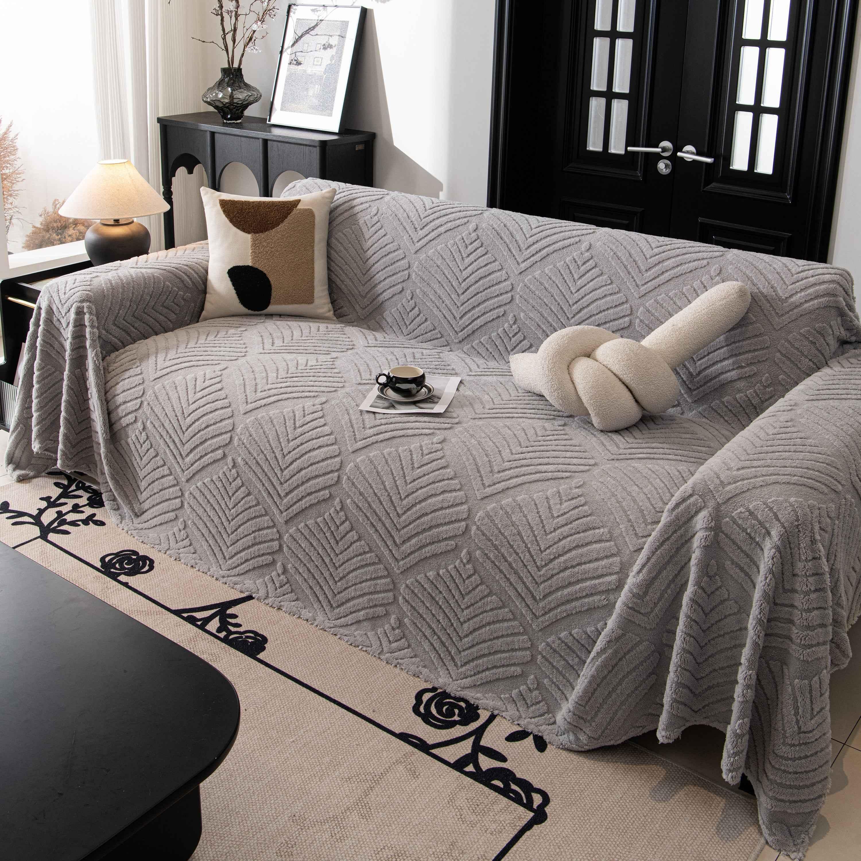 Winter Soft Plush Fleece Sofa Blanket Leaves Jacquard Couch Covers for Couches - TaroTextile
