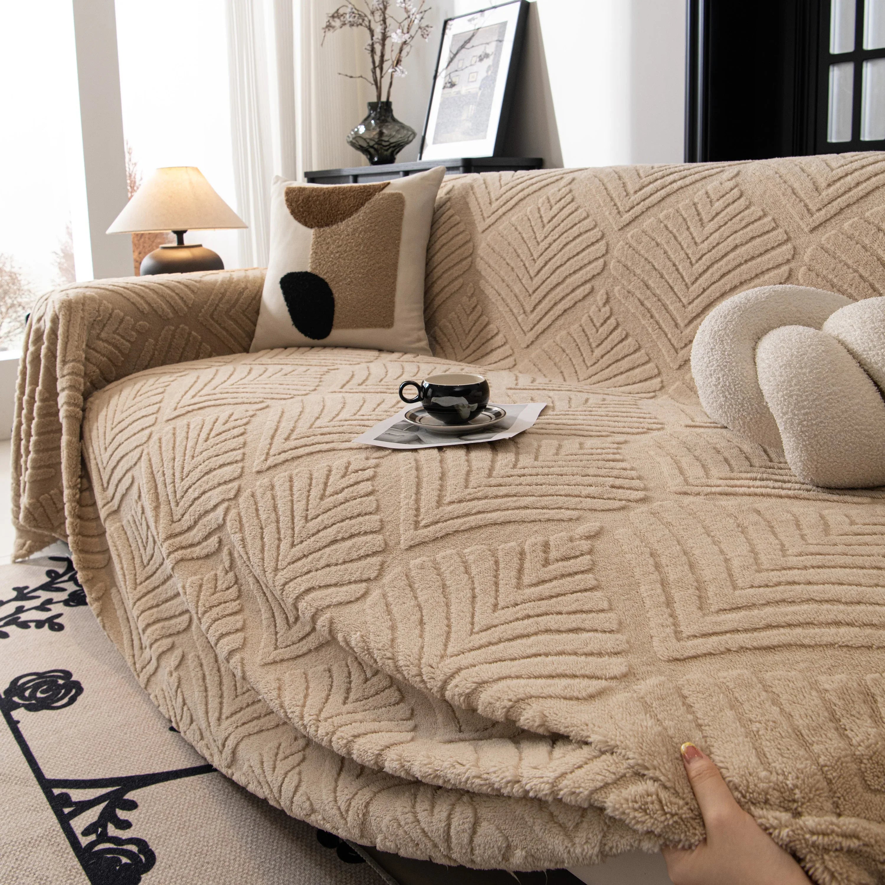 Winter Soft Plush Fleece Sofa Blanket Leaves Jacquard Couch Covers for Couches - TaroTextile