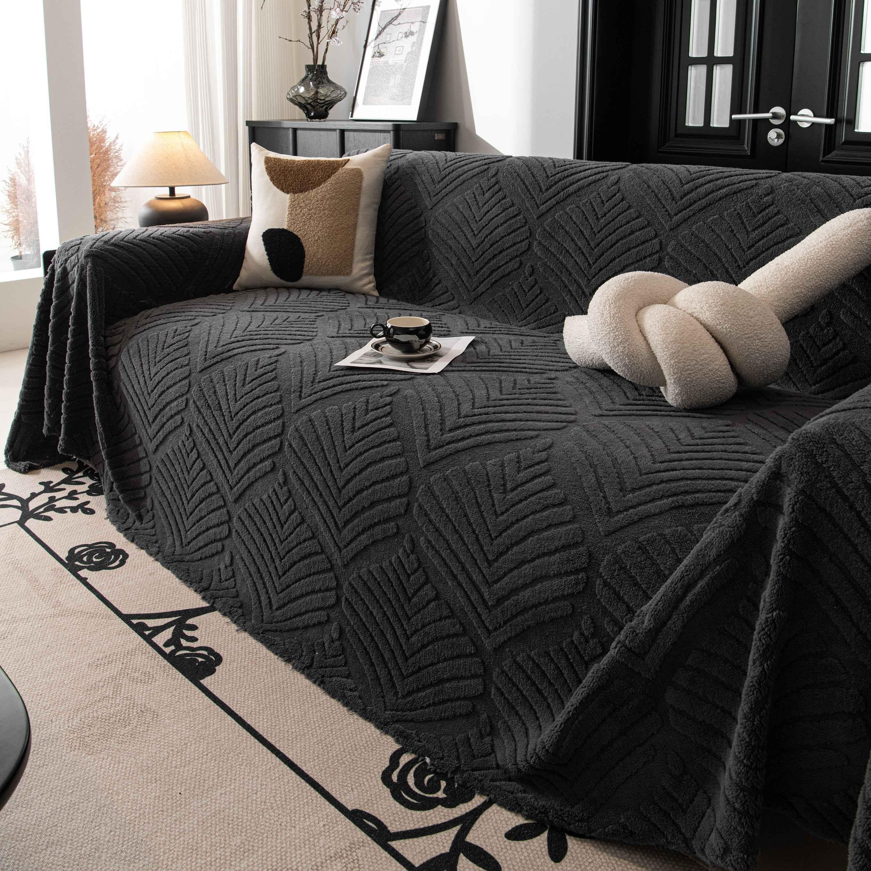 Winter Soft Plush Fleece Sofa Blanket Leaves Jacquard Couch Covers for Couches - TaroTextile