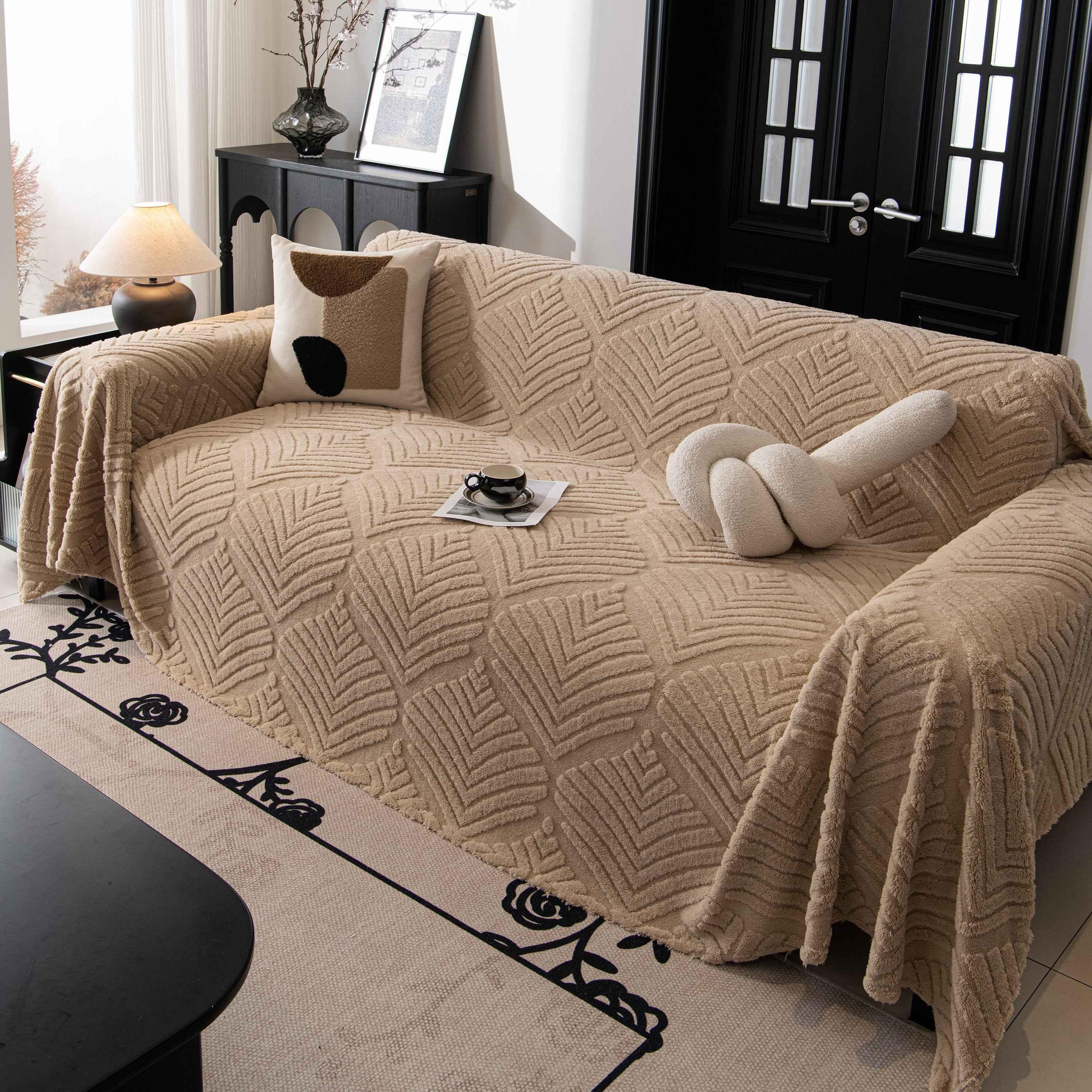 Winter Soft Plush Fleece Sofa Blanket Leaves Jacquard Couch Covers for Couches - TaroTextile