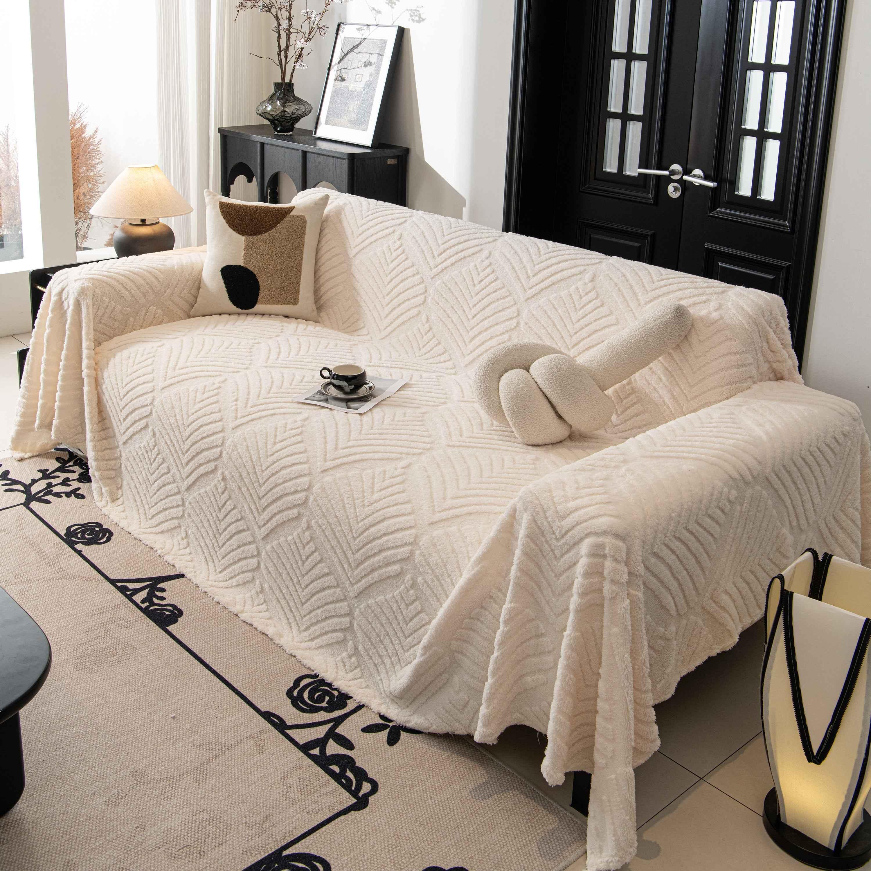 Winter Soft Plush Fleece Sofa Blanket Leaves Jacquard Couch Covers for Couches - TaroTextile