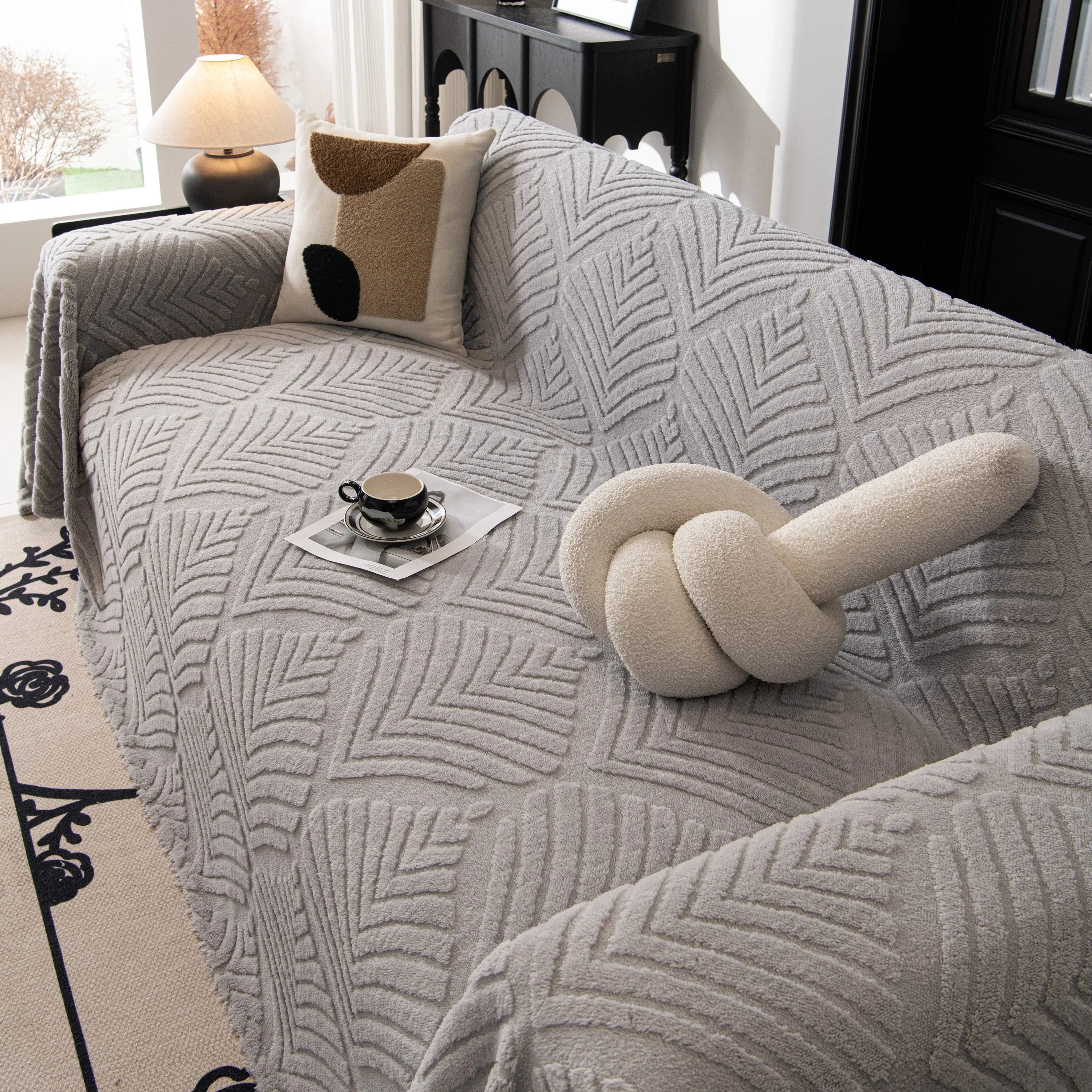 Winter Soft Plush Fleece Sofa Blanket Leaves Jacquard Couch Covers for Couches - TaroTextile