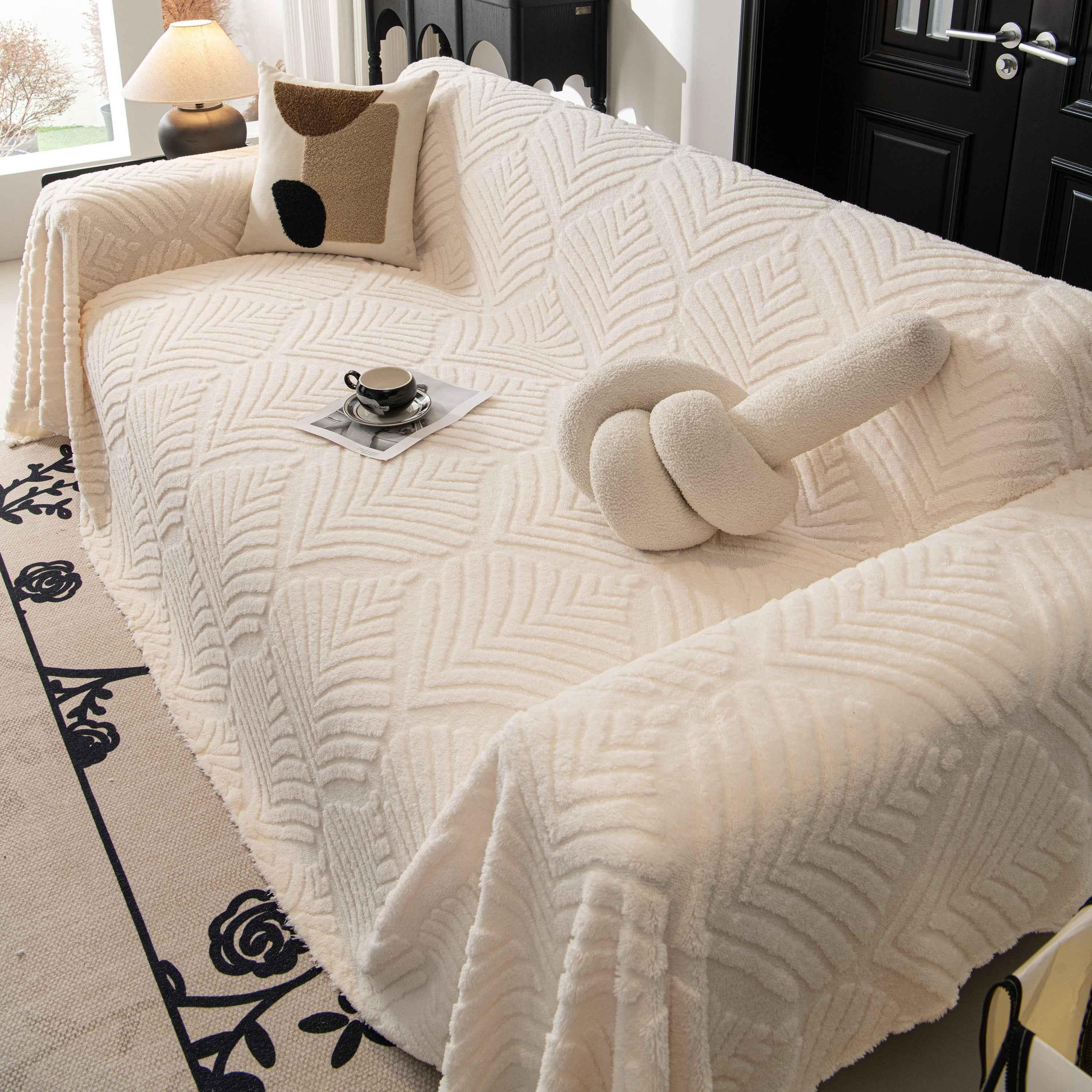 Winter Soft Plush Fleece Sofa Blanket Leaves Jacquard Couch Covers for Couches - TaroTextile