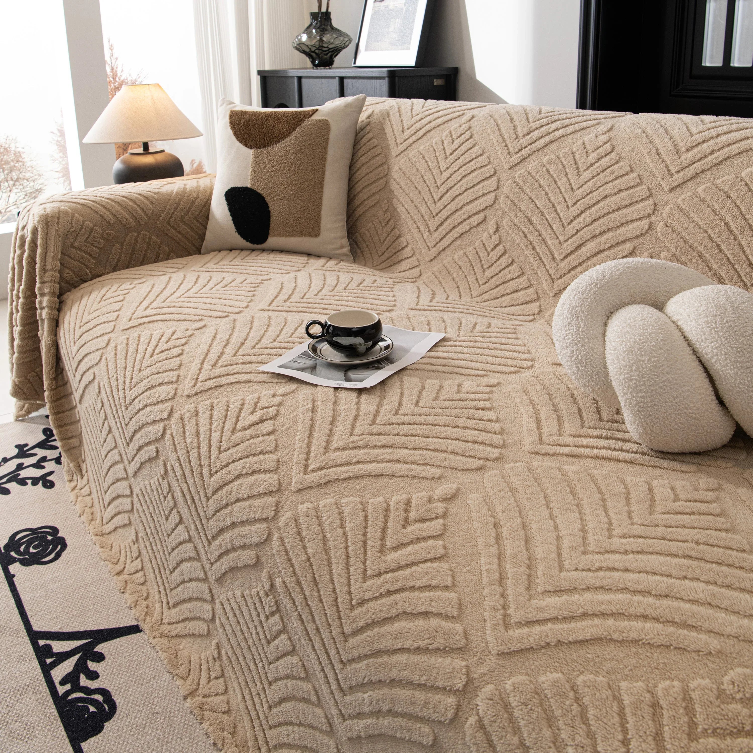 Winter Soft Plush Fleece Sofa Blanket Leaves Jacquard Couch Covers for Couches - TaroTextile
