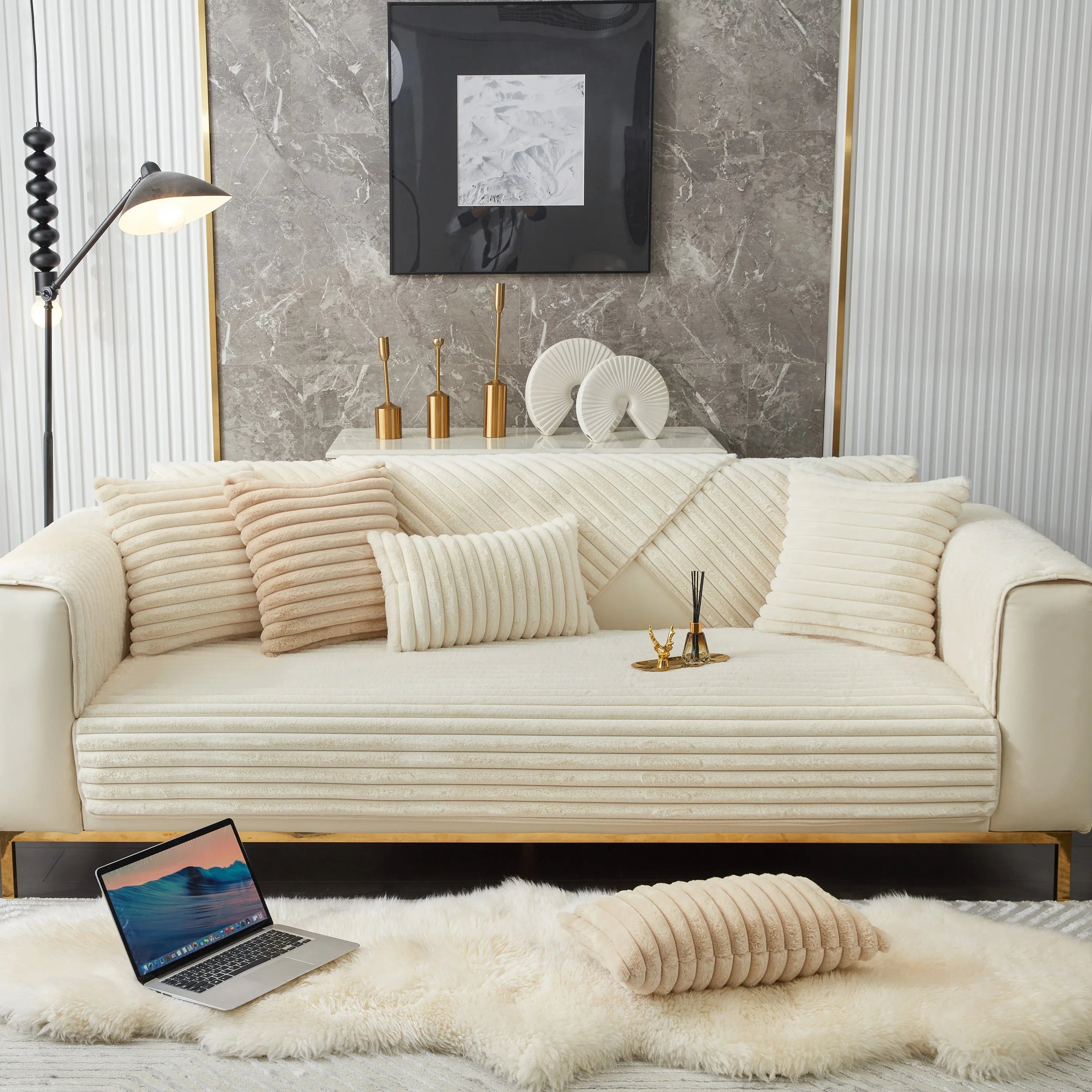 Winter Thickened Rabbit Plush Non-slip Sofa Cushion, Faux Fur Fluffy Furniture Protector - TaroTextile