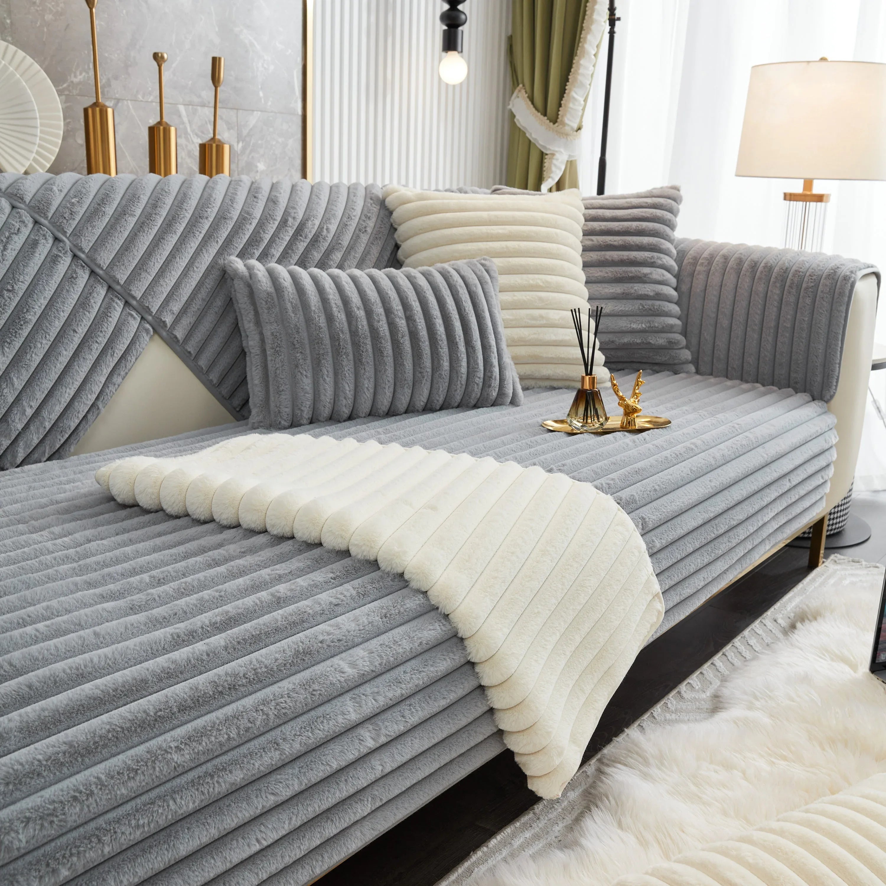 Winter Thickened Rabbit Plush Non-slip Sofa Cushion, Faux Fur Fluffy Furniture Protector - TaroTextile